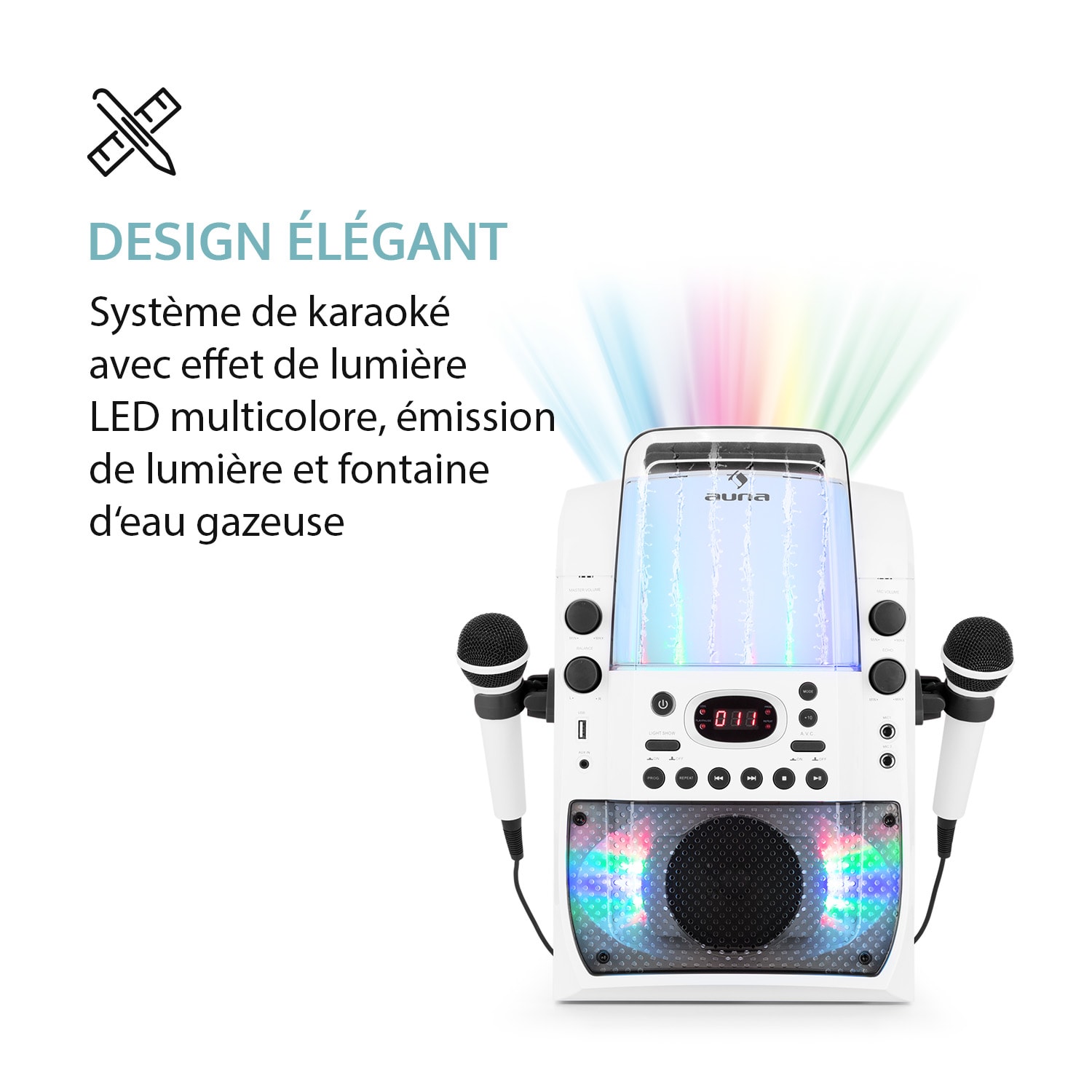 Kara Liquida BT Chaîne karaoké Jeu de lumières Fontaine d'eau Bluetooth - blanc/gris