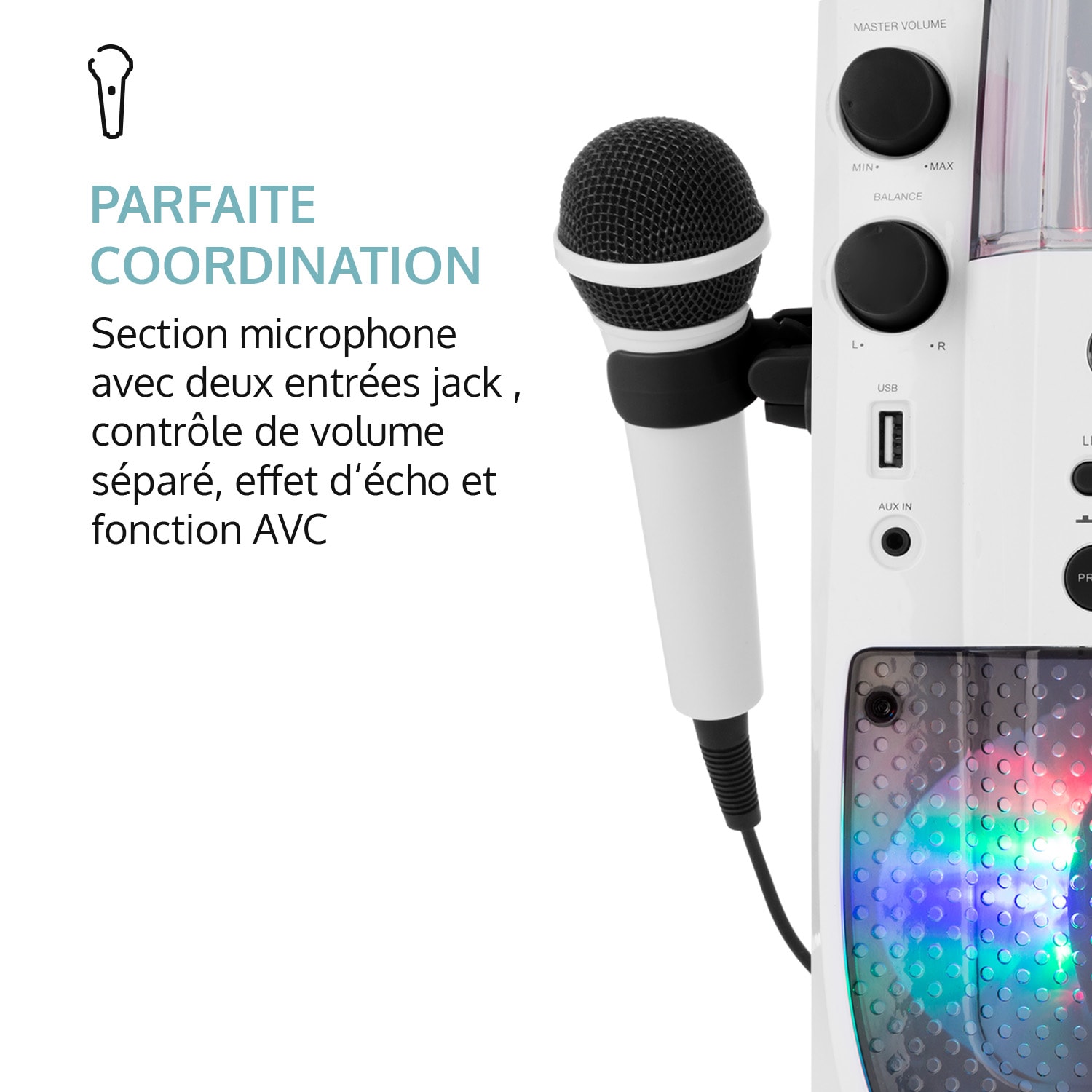 Kara Liquida BT Chaîne karaoké Jeu de lumières Fontaine d'eau Bluetooth - blanc/gris 