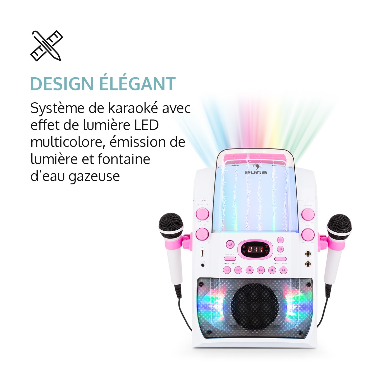 Kara Liquida BT Chaîne karaoké Jeu de lumières Fontaine d'eau Bluetooth - blanc/rose 