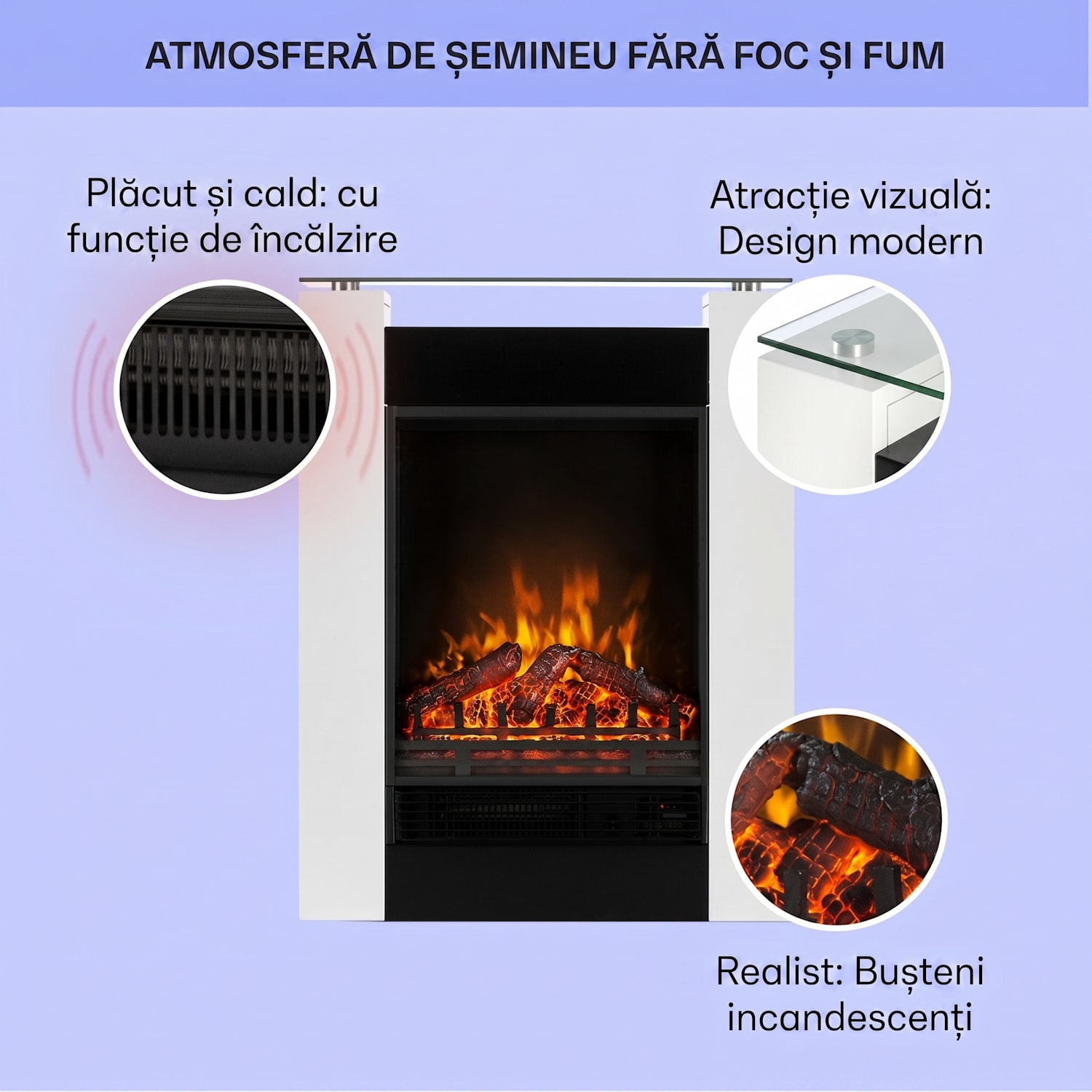 Studio-5, șemineu electric, ventilator cu aer cald, 900/1800 W, telecomandă, alb nu | Alb