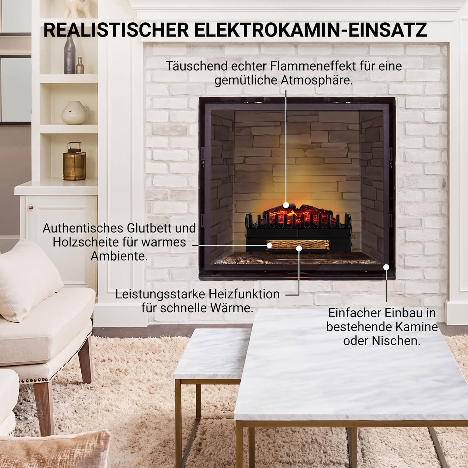 Kamini FX Elektrischer Kamin Kamineinsatz 1000/2000W 2W LED schwarz 45x23x22cm