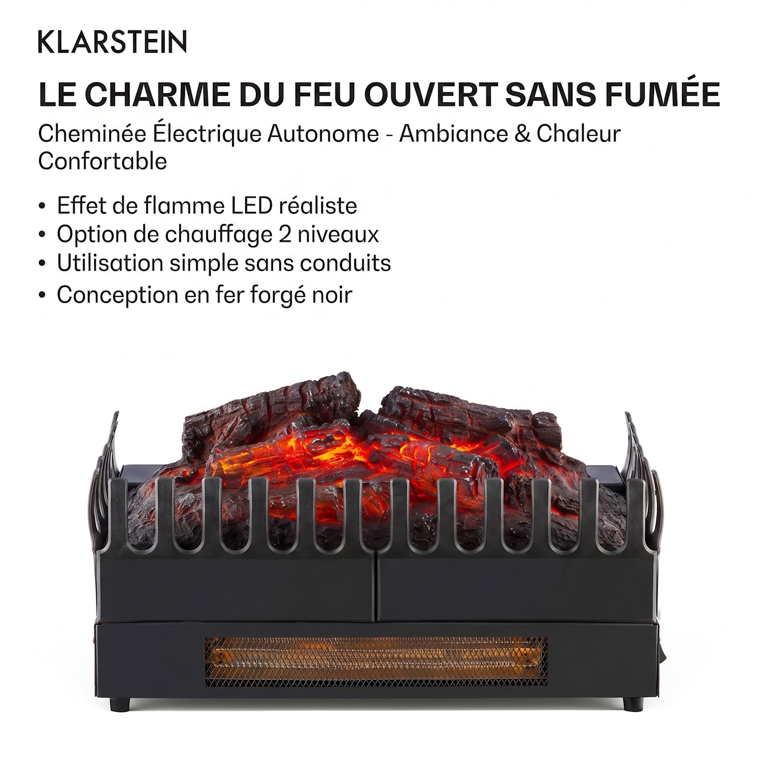 Kamini FX Cheminée électrique chauffage 1000 / 2000W 2W LED - noir 45x23x22cm