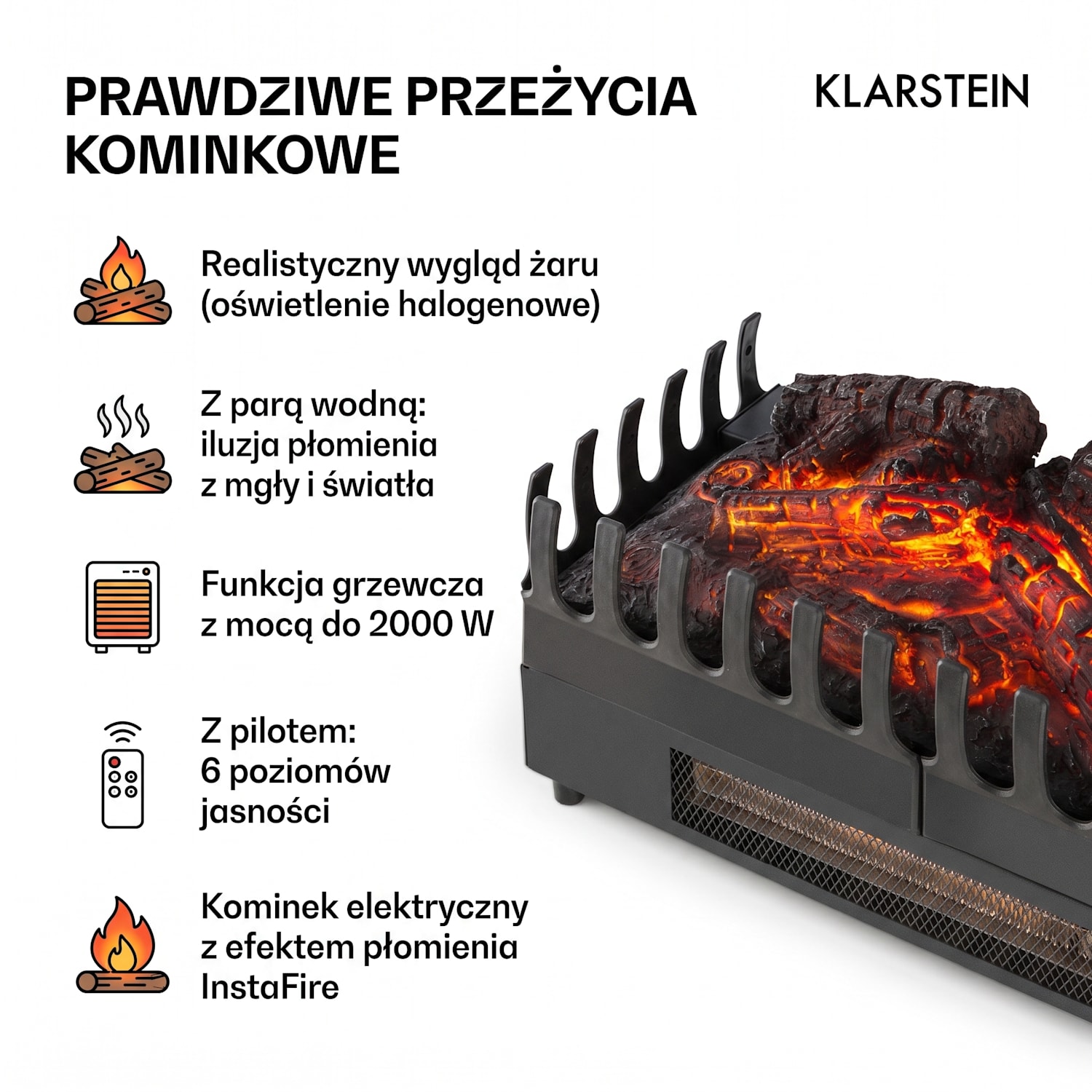 Kamini FX, kominek elektryczny, wkład kominkowy, 1000/2000 W, 2 W LED, czarny 45x23x22cm