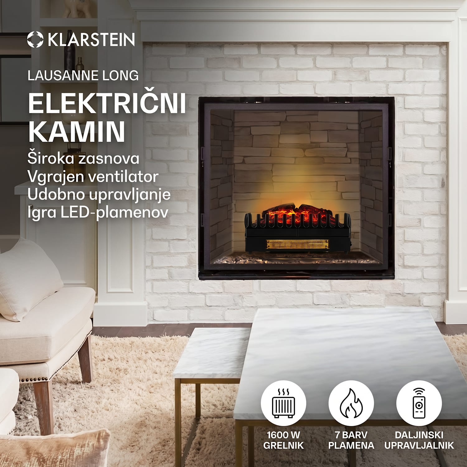 Kamini FX, električen kamin, kaminski vložek, 1000/2000W 2W LED, črna 45 x 23 x 22 cm