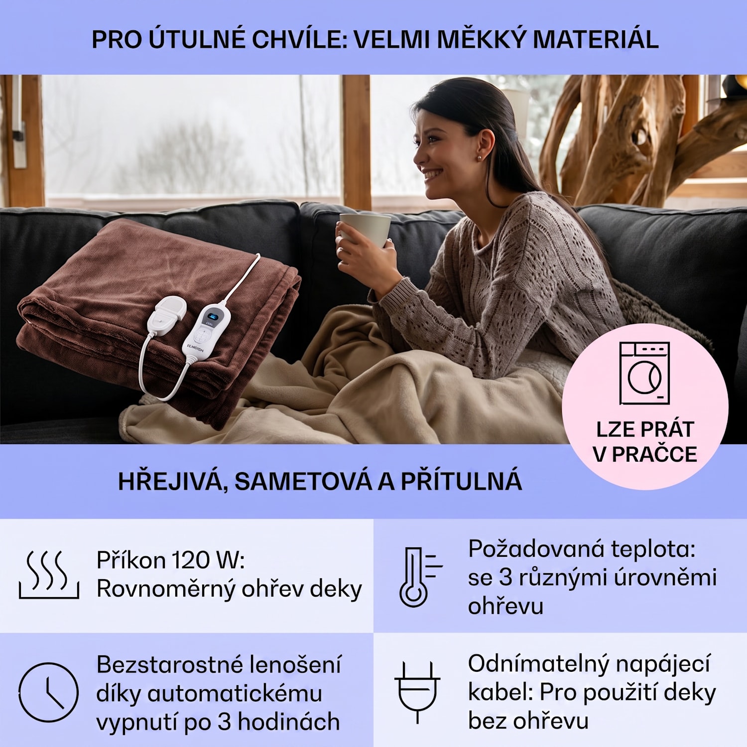 Dr. Watson XXL, výhřevná deka, 120 W, 200 x 180 cm, mikroplyš, hnědá Zemitá hnědá | XXL