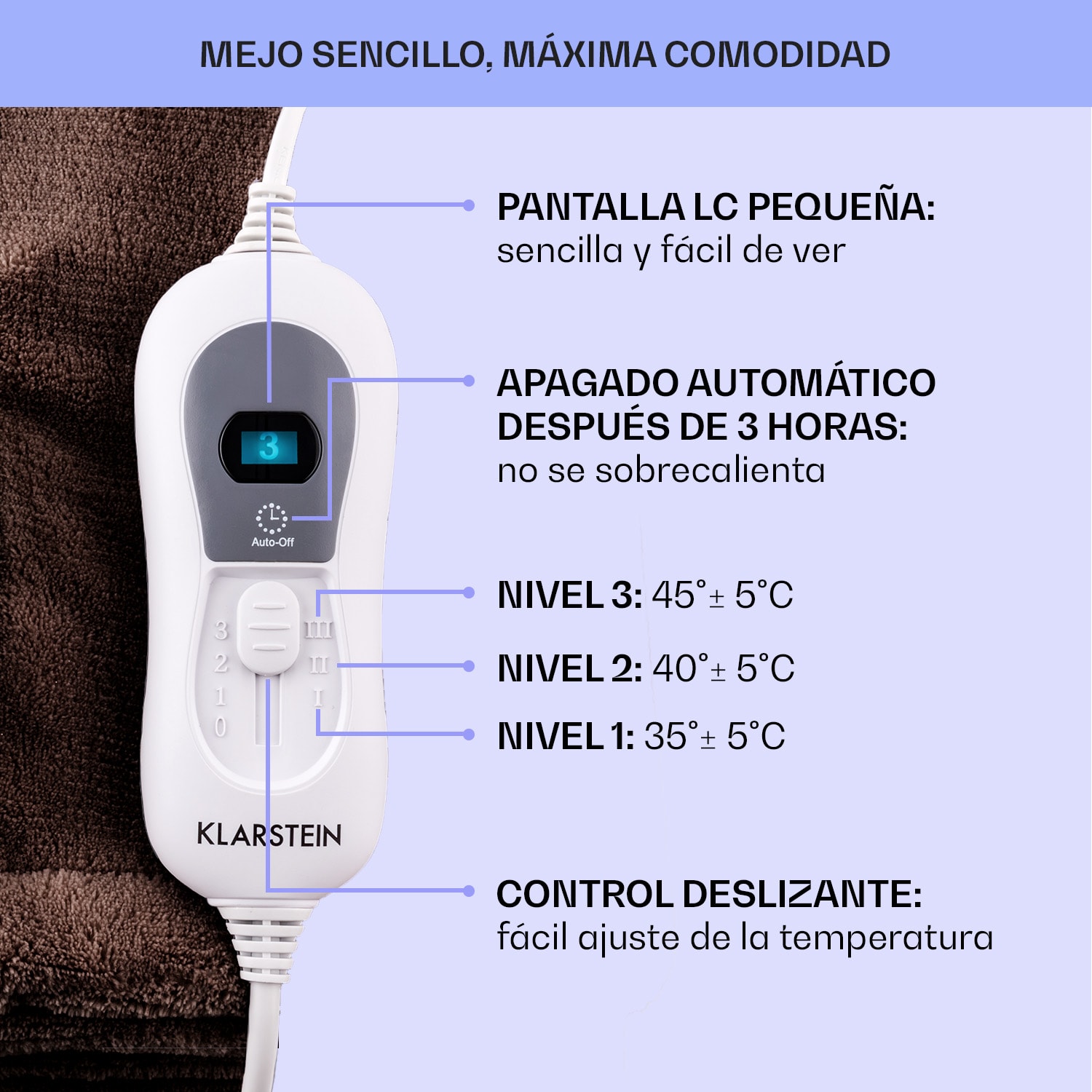 Dr. Watson XXL Manta eléctrica 3 niveles de potencia Lavable 200x180 cm Microfelpa Marrón Tierra | XXL