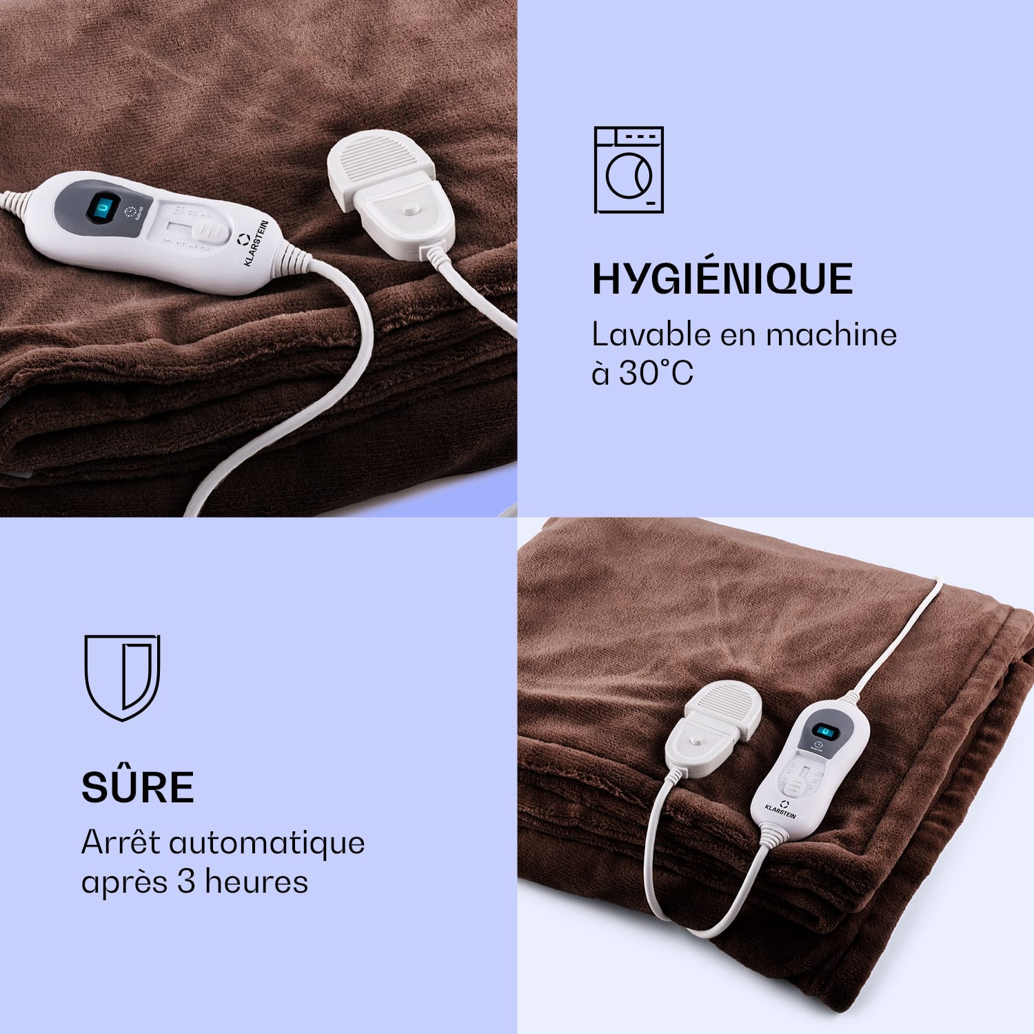 Dr. Watson XL Couverture électrique 3 niveaux de puissance lavable 200x180cm micro-pelucheux Brun Terre | XXL