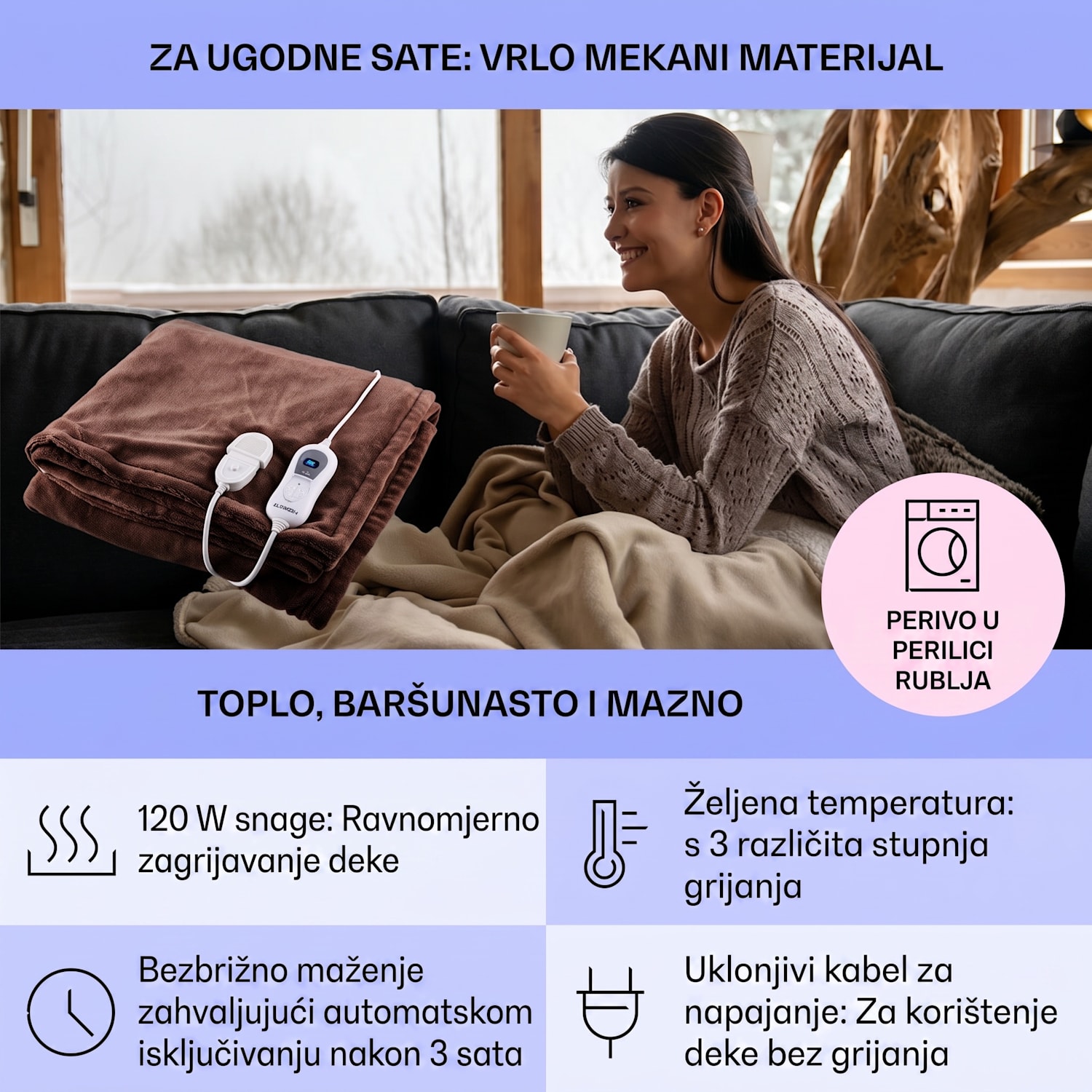 Dr. Watson XXL, električna deka, 3 razine snage, periva, 200x180cm, mikro pliš Zemljasto smeđa | XXL
