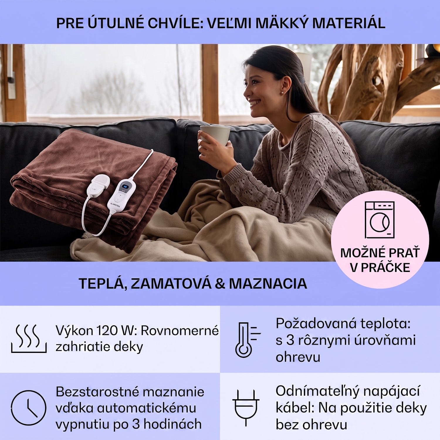 Dr. Watson XXL, vyhrievacia deka, 3 stupne ohrevu, prateľná, 200 x 180 cm, mikroplyš Zemitá hnedá | XXL