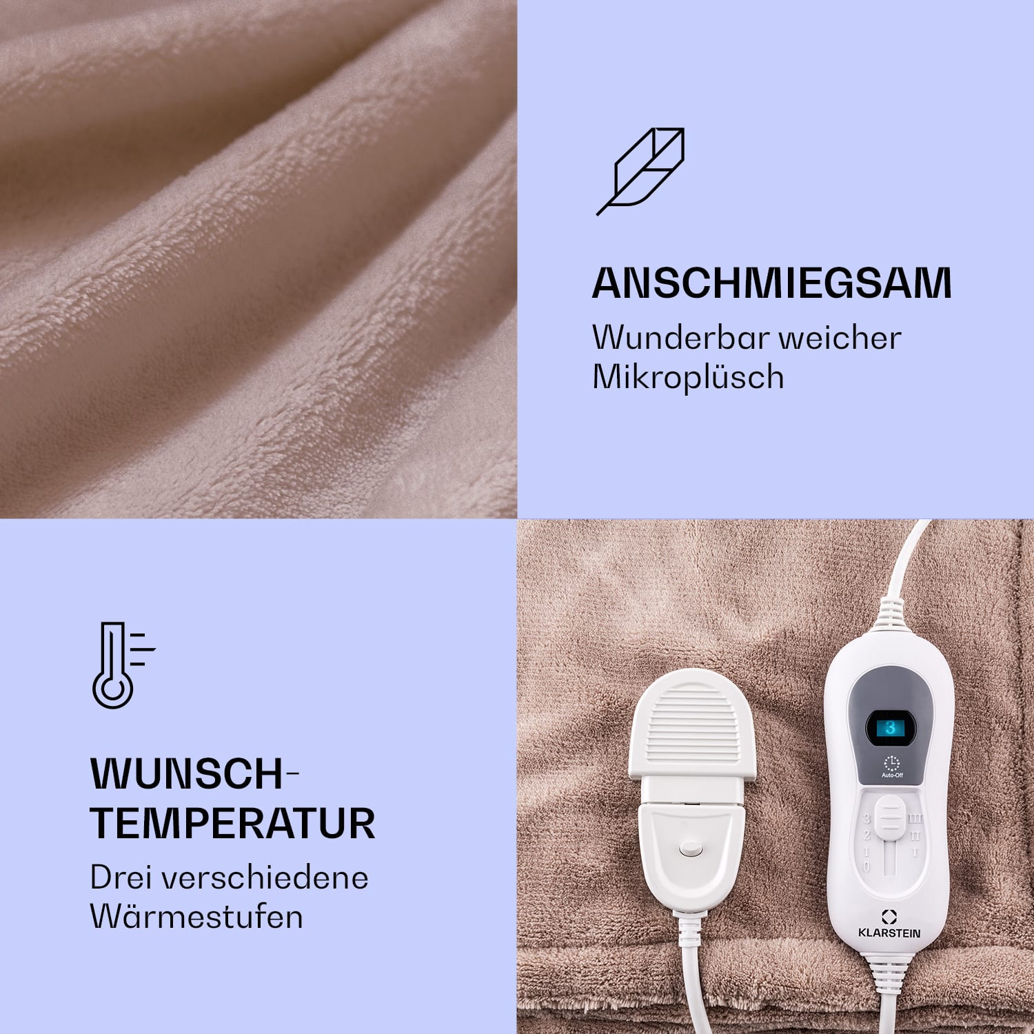 Dr. Watson XXL Heizdecke 3 Stufen waschbar 200x180cm Mikroplüsch Warmes Taupe | XXL