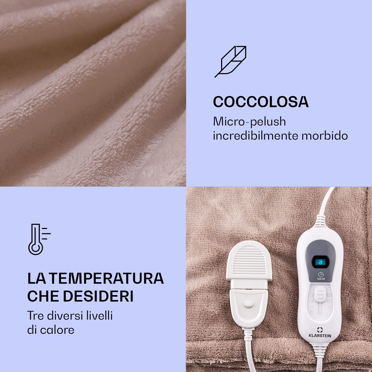 Dr. Watson XXL - Termocoperta, 3 livelli di potenza, lavabile, 200 x 180 cm, micro peluche Taupe caldo | XXL