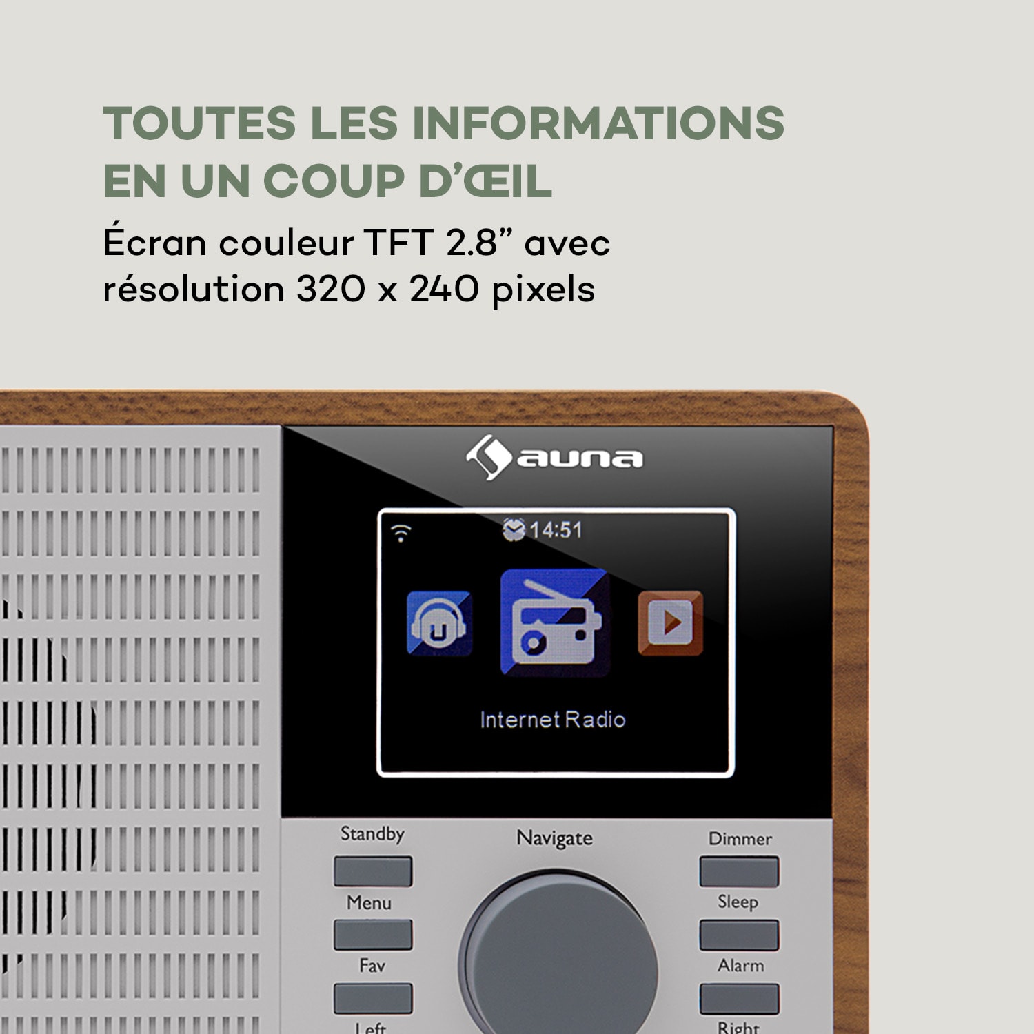 IR-160 Radio internet WiFi USB AUX UPnP 2.8" écran TFT télécommande -marron 