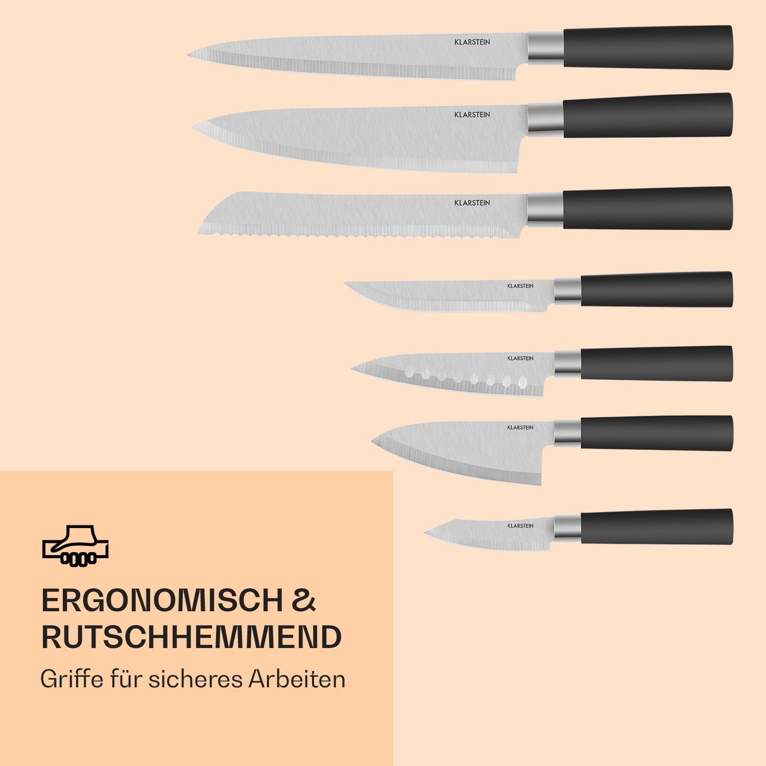 Kitano 8tlg. Messer-Set mit Block 7 Messer Stahl edler Holzblock 