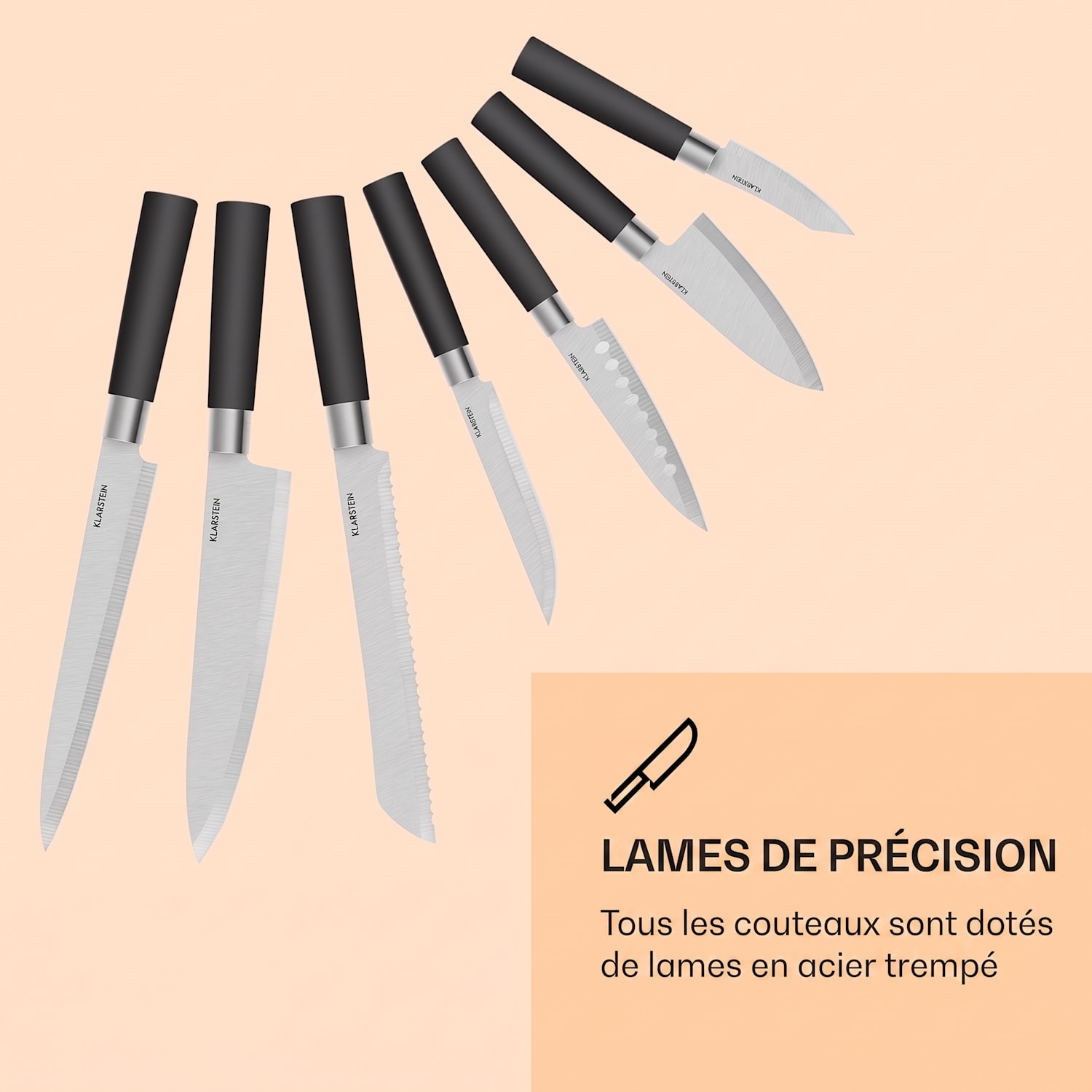 Kitano 8 pcs. Set de couteaux avec bloc 7 couteaux acier élégant bloc en bois Noir