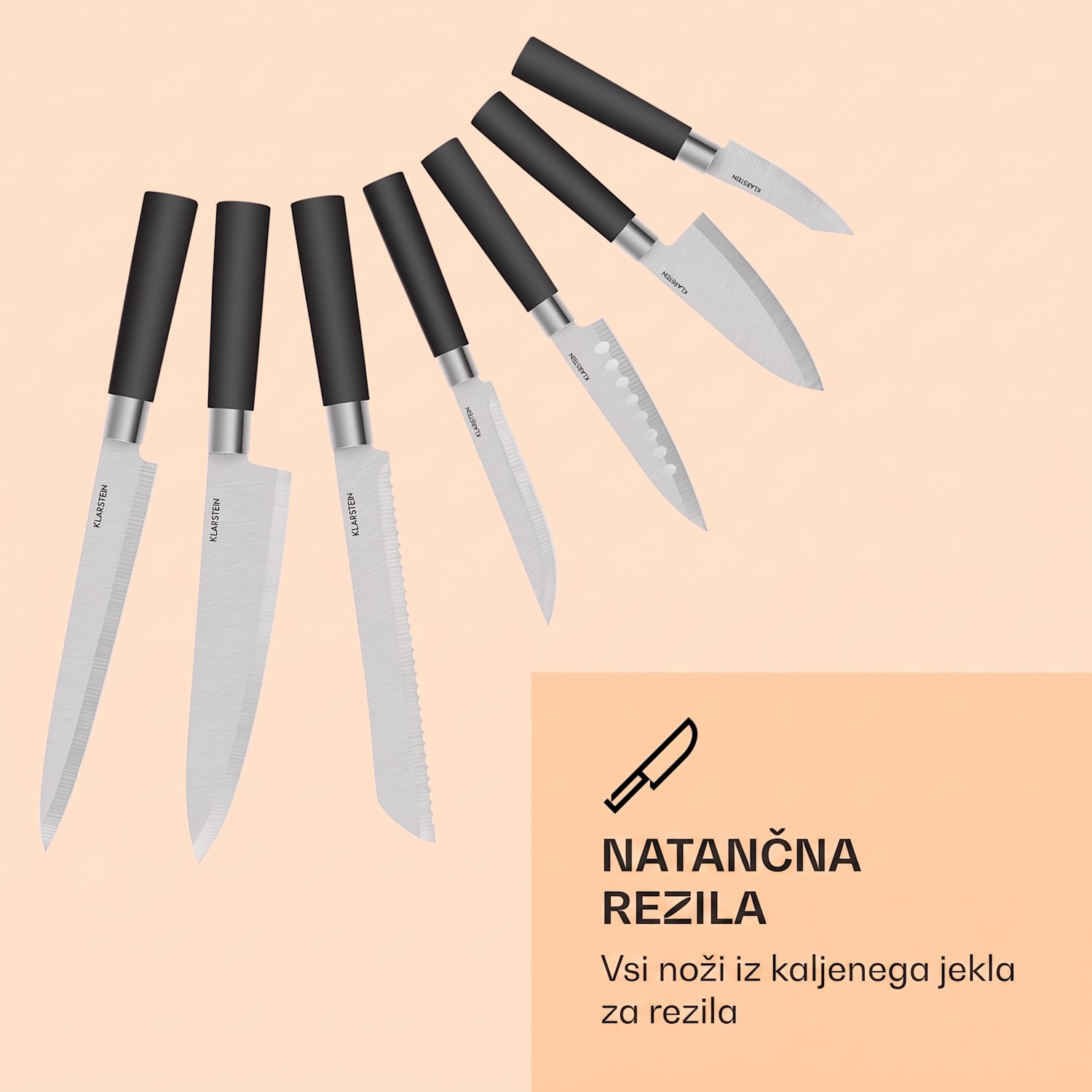 Kitano, 8-delni set nožev z blokom za shranjevanje, 7 nožev, jeklo, luksuzni leseni blok Črna