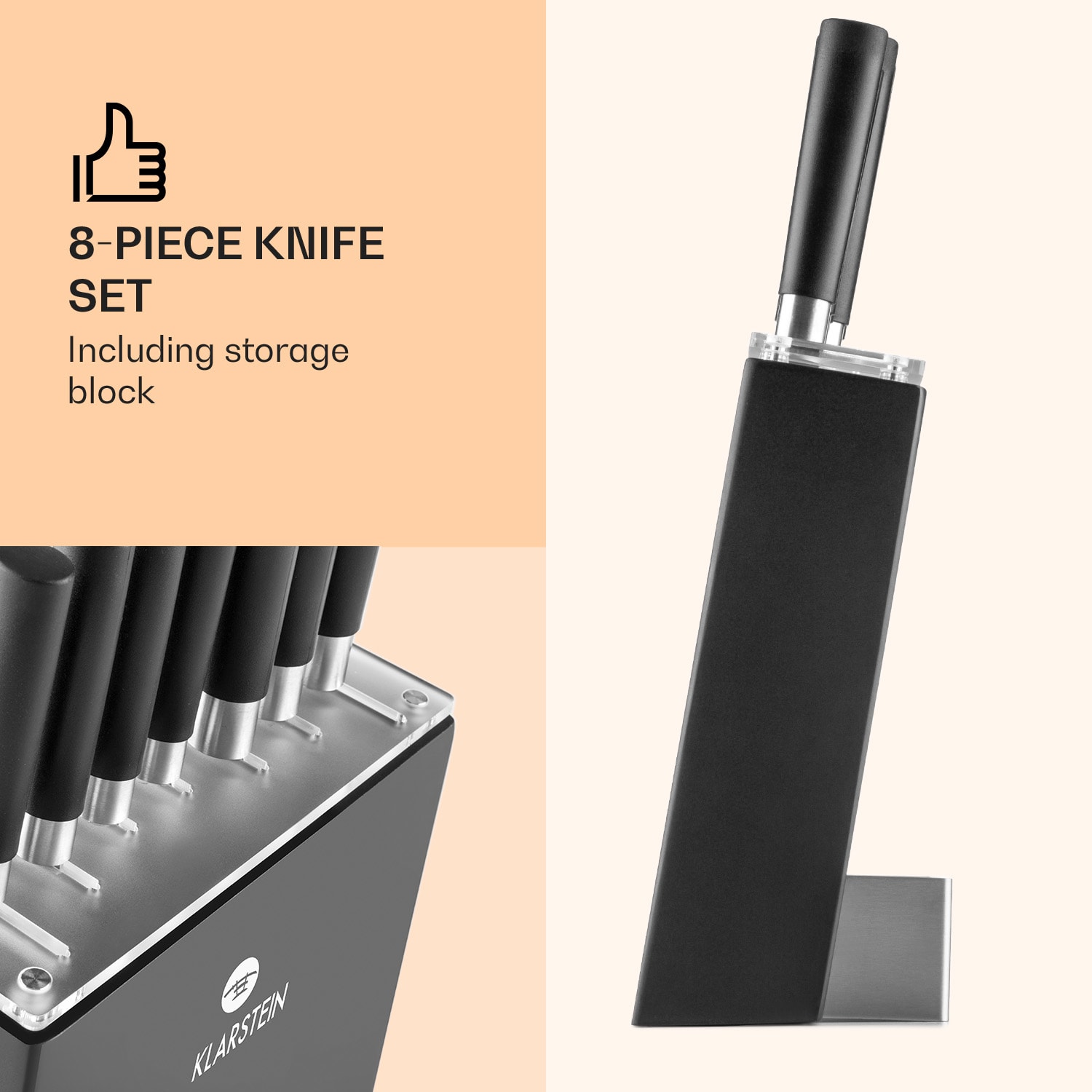 Kitano 8pcs. Knife set with block 7 knives steel noble wooden block Black