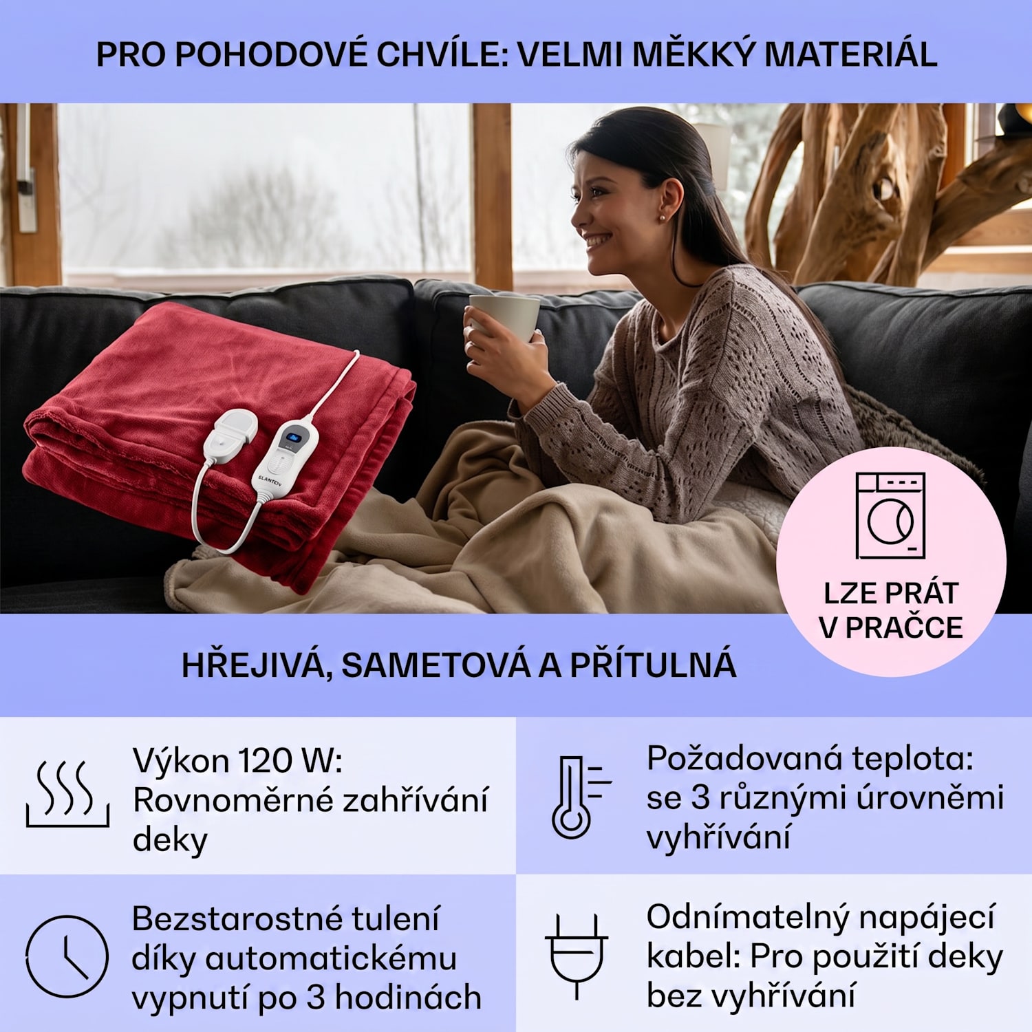 Dr. Watson XL, výhřevná deka, 120 W, 3 úrovně ohřevu, 180 x 130 cm, ovládací panel Víno | XL