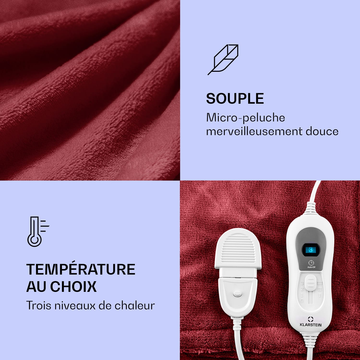 Dr. Watson XL Couverture électrique 120 W 3 niveaux de température Panneau de commande 180 x 130 cm Vin | XL