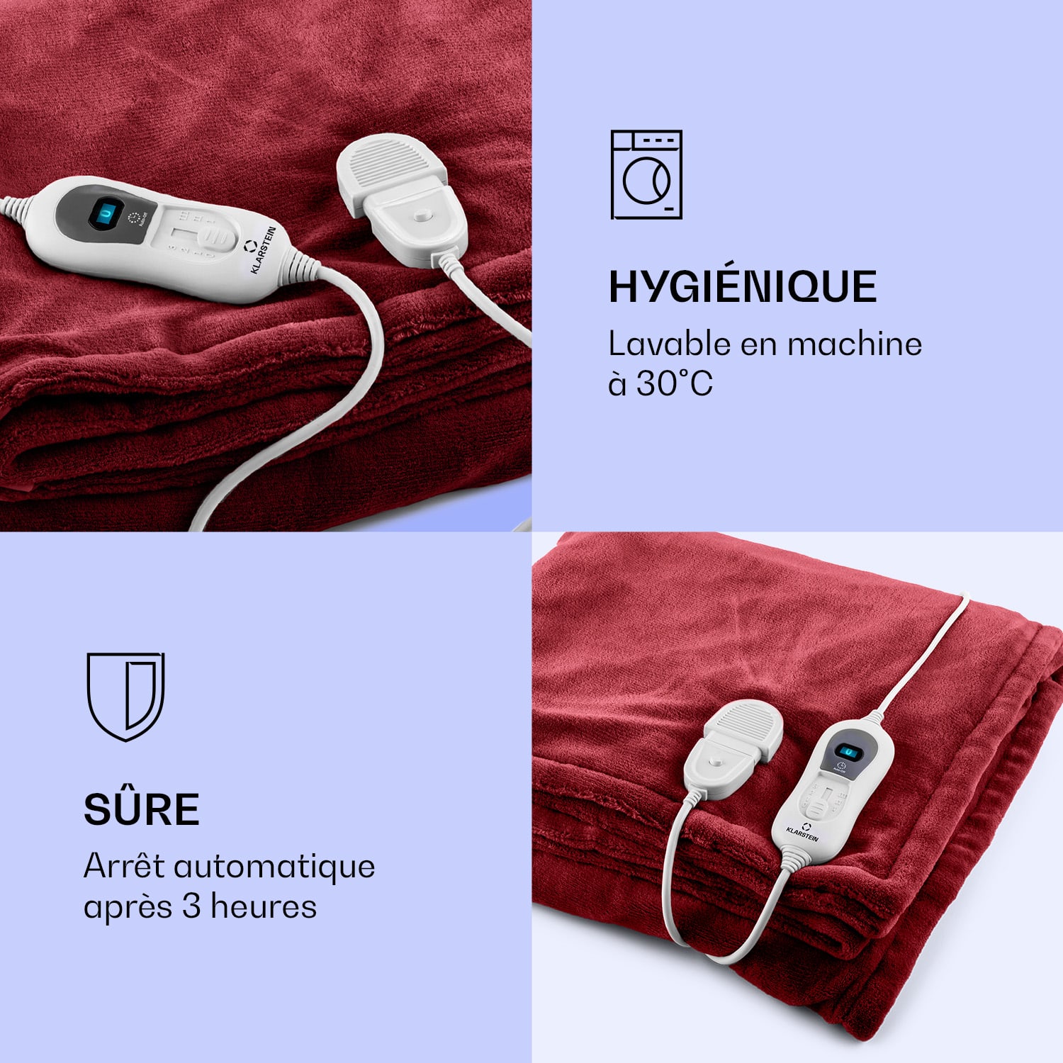 Dr. Watson XL Couverture électrique 120 W 3 niveaux de température Panneau de commande 180 x 130 cm Vin | XL