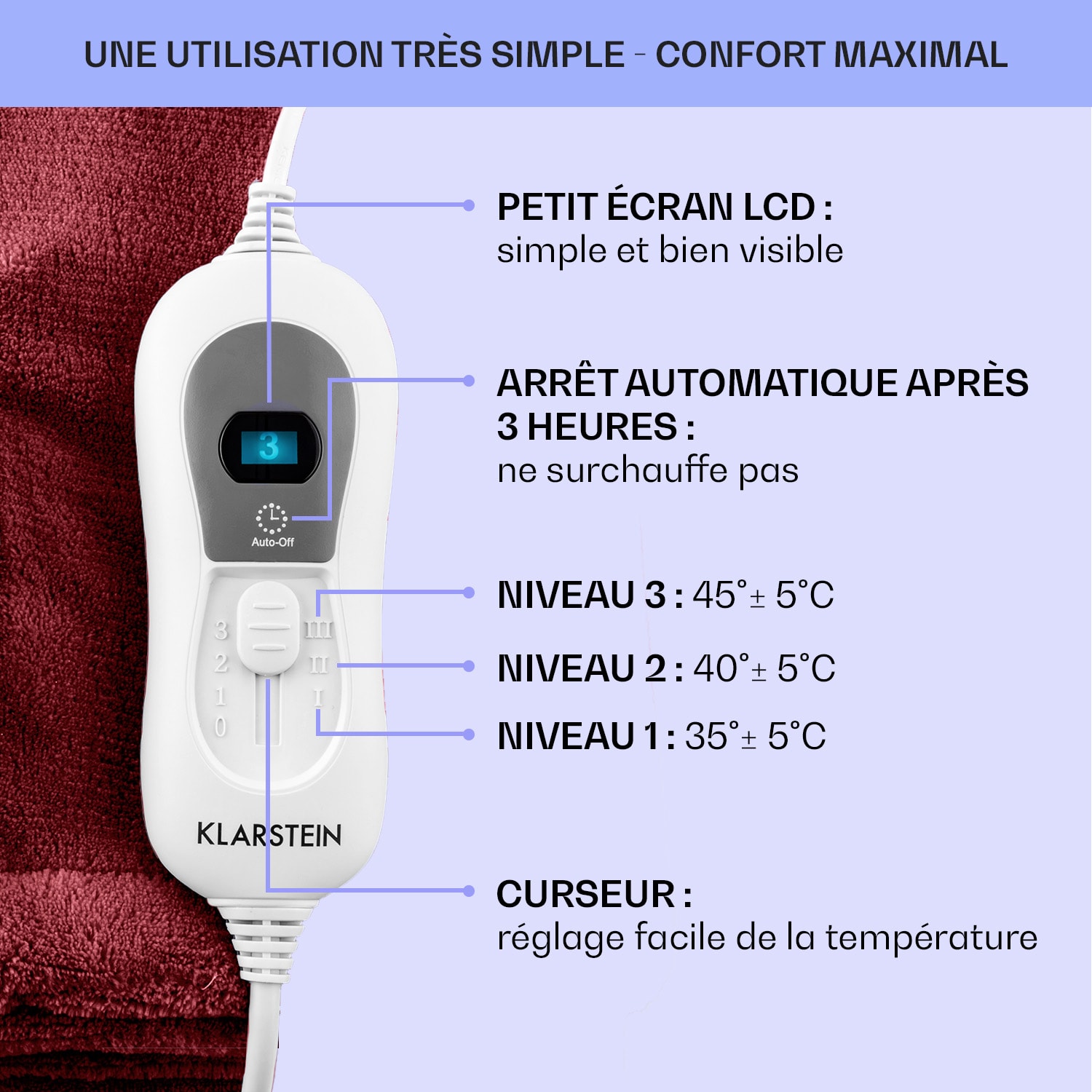 Dr. Watson XL Couverture électrique 120 W 3 niveaux de température Panneau de commande 180 x 130 cm Vin | XL