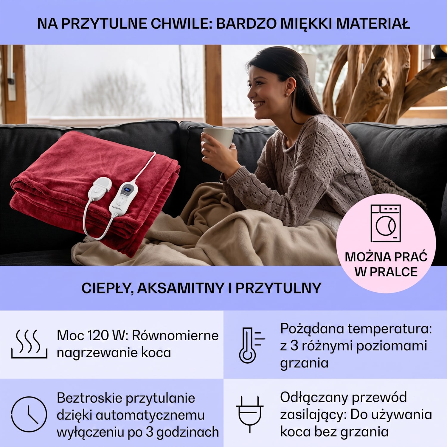 Dr.Watson koc elektryczny 120 W nadający się do prania 180x130cm mikro Wino | XL