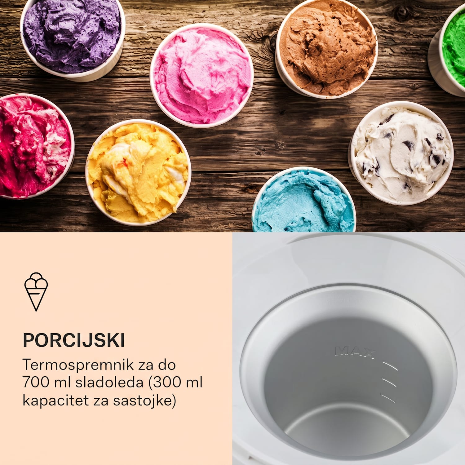 Schneeflöckchen, aparat za izradu sladoleda, termoelektrični, 700 ml, tihi rad, bijela boja 