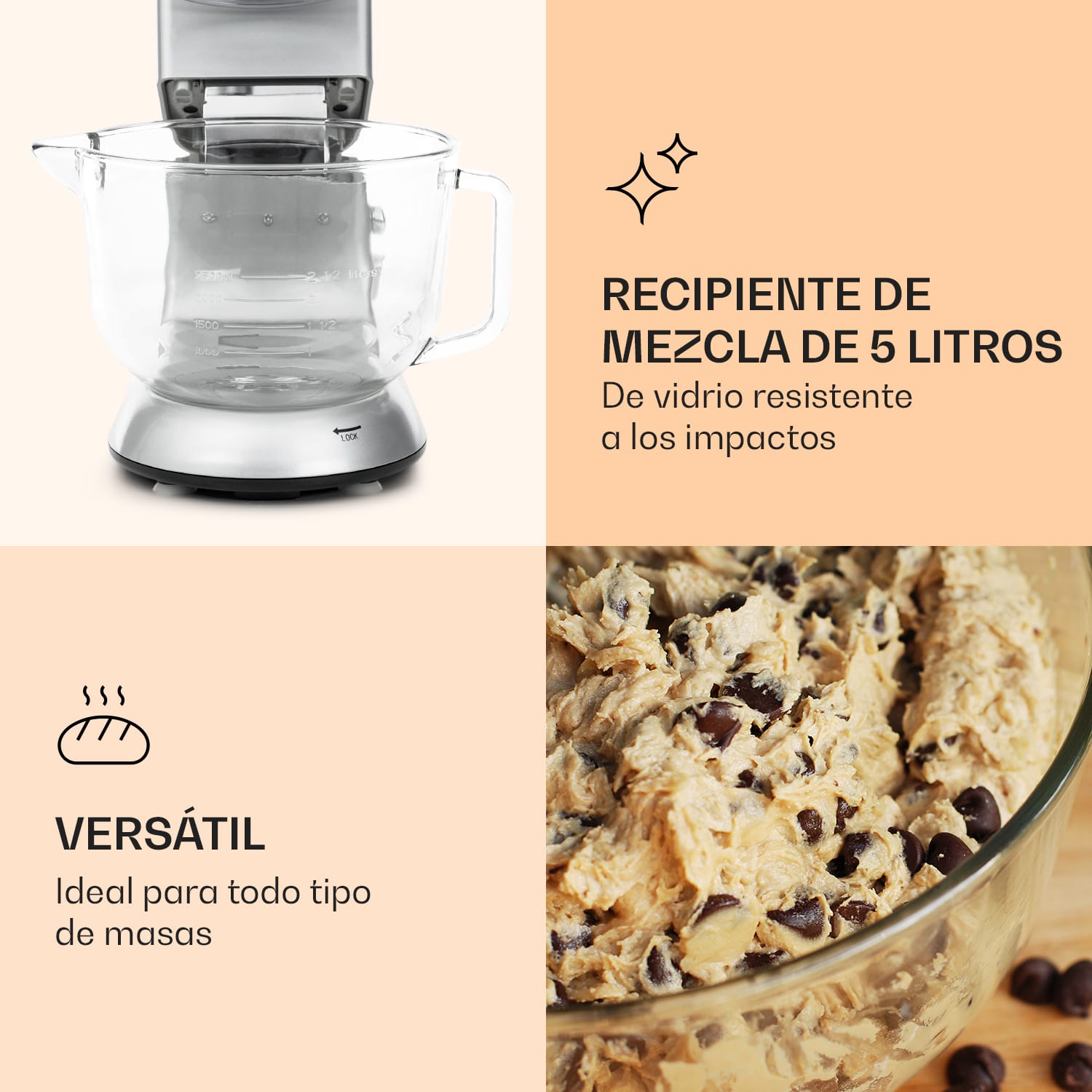 Procesador de alimentos Bella Argentea 2G 1800 W 5 litros Gancho mezclador, batidor Plata Metálica