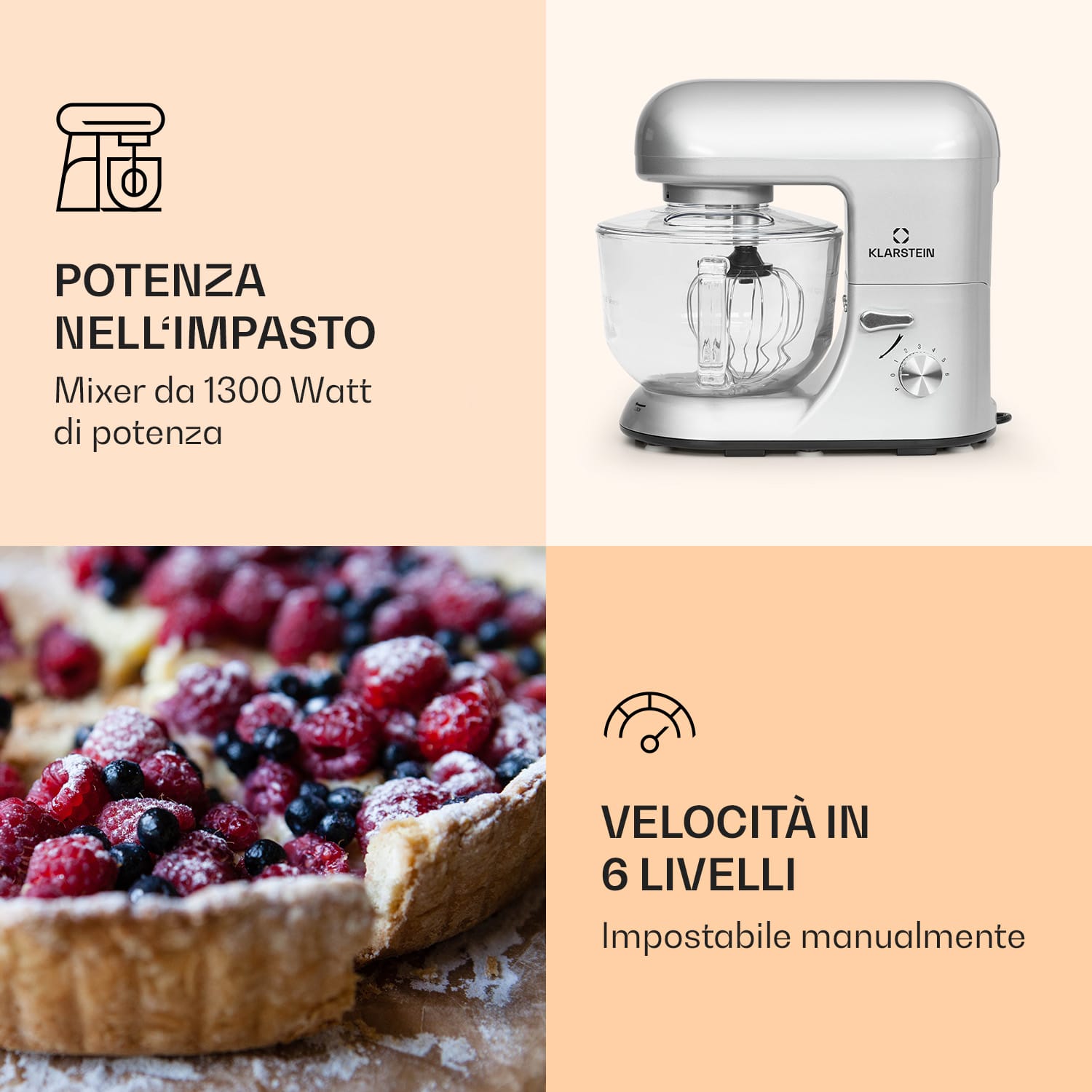 Bella Argentea 2G - Robot da cucina, 1800 W, 5 litri, Gancio per impastare e miscelare, frusta Argento metallizzato