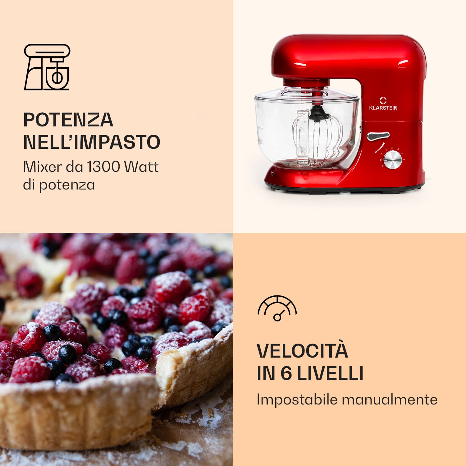 Bella Rossa 2G - Robot da cucina, 1800 W, 6 livelli, impastatrice planetaria Rosso