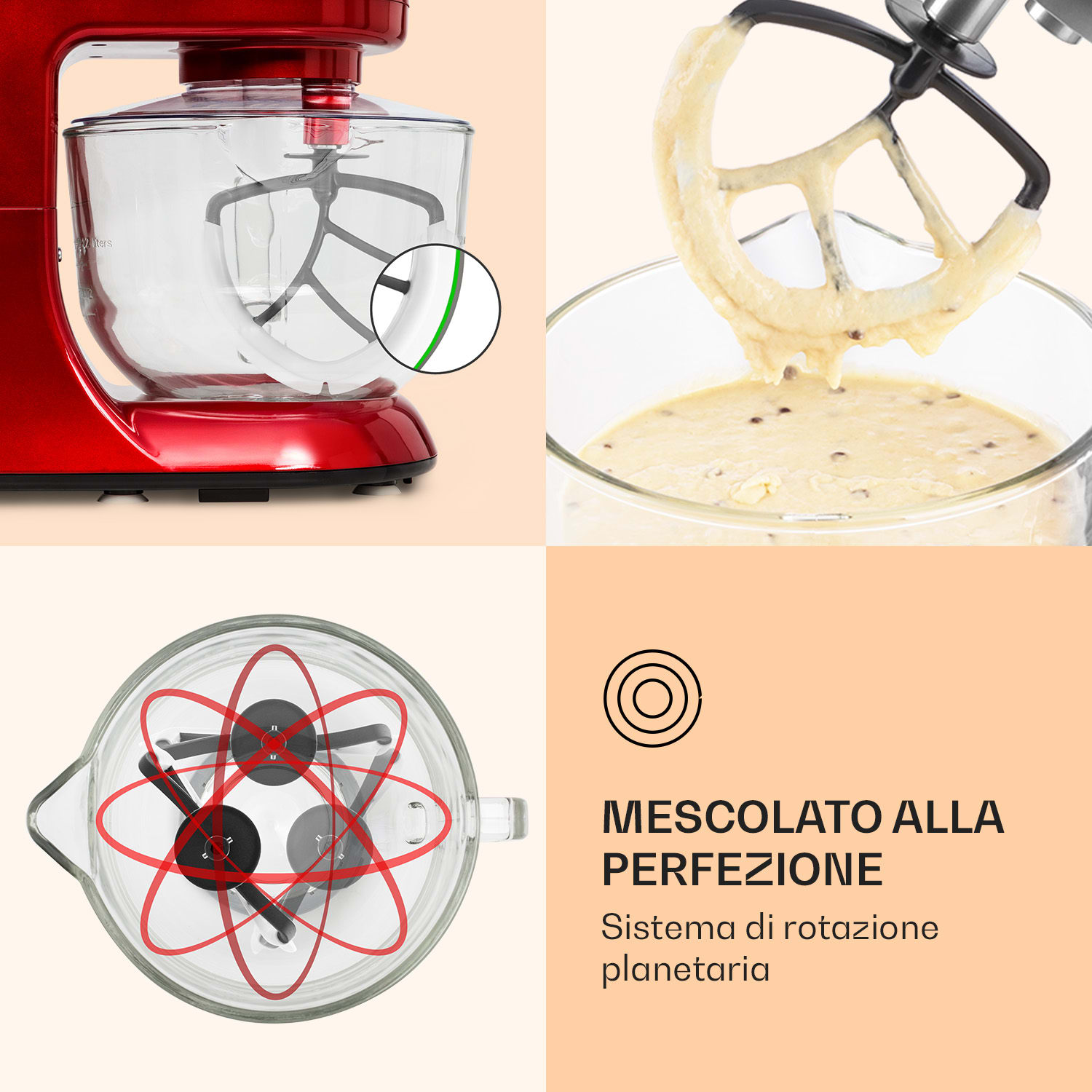 Bella Rossa 2G - Robot da cucina, 1800 W, 6 livelli, impastatrice planetaria Rosso