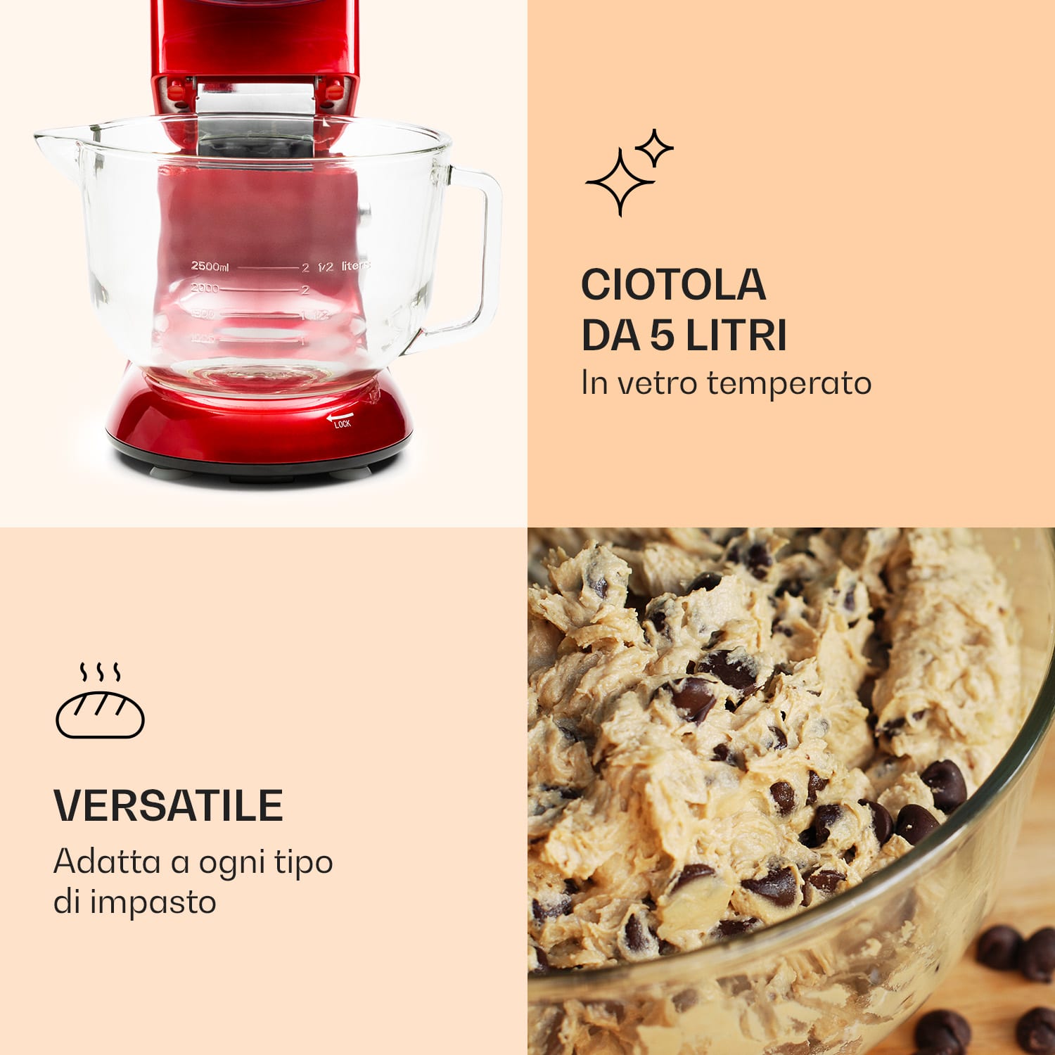 Bella Rossa 2G - Robot da cucina, 1800 W, 6 livelli, impastatrice planetaria Rosso
