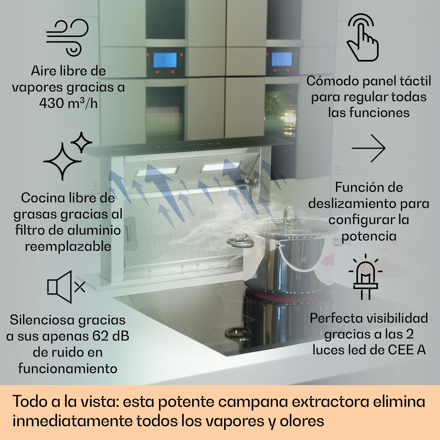 Royal Flush Downdraft Campana Extractora Cocina Sin Humos 430 m³/h 60 cm 60