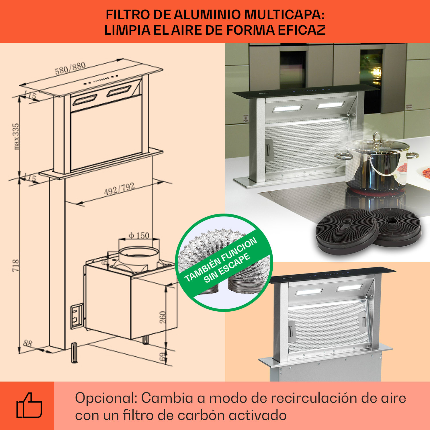 Royal Flush Downdraft Campana Extractora Cocina Sin Humos 430 m³/h 60 cm 60