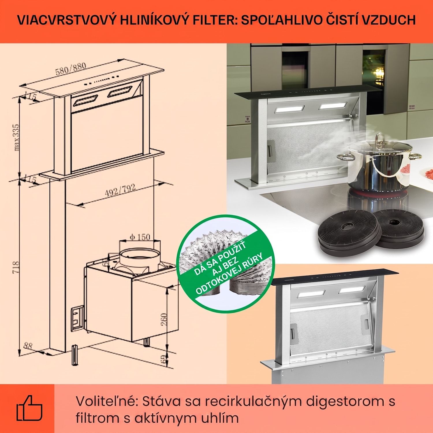Royal Flush Downdraft, digestor, 60 cm, výsuvný, 504 m³/h, nehrdzavejúca oceľ, čierny 60