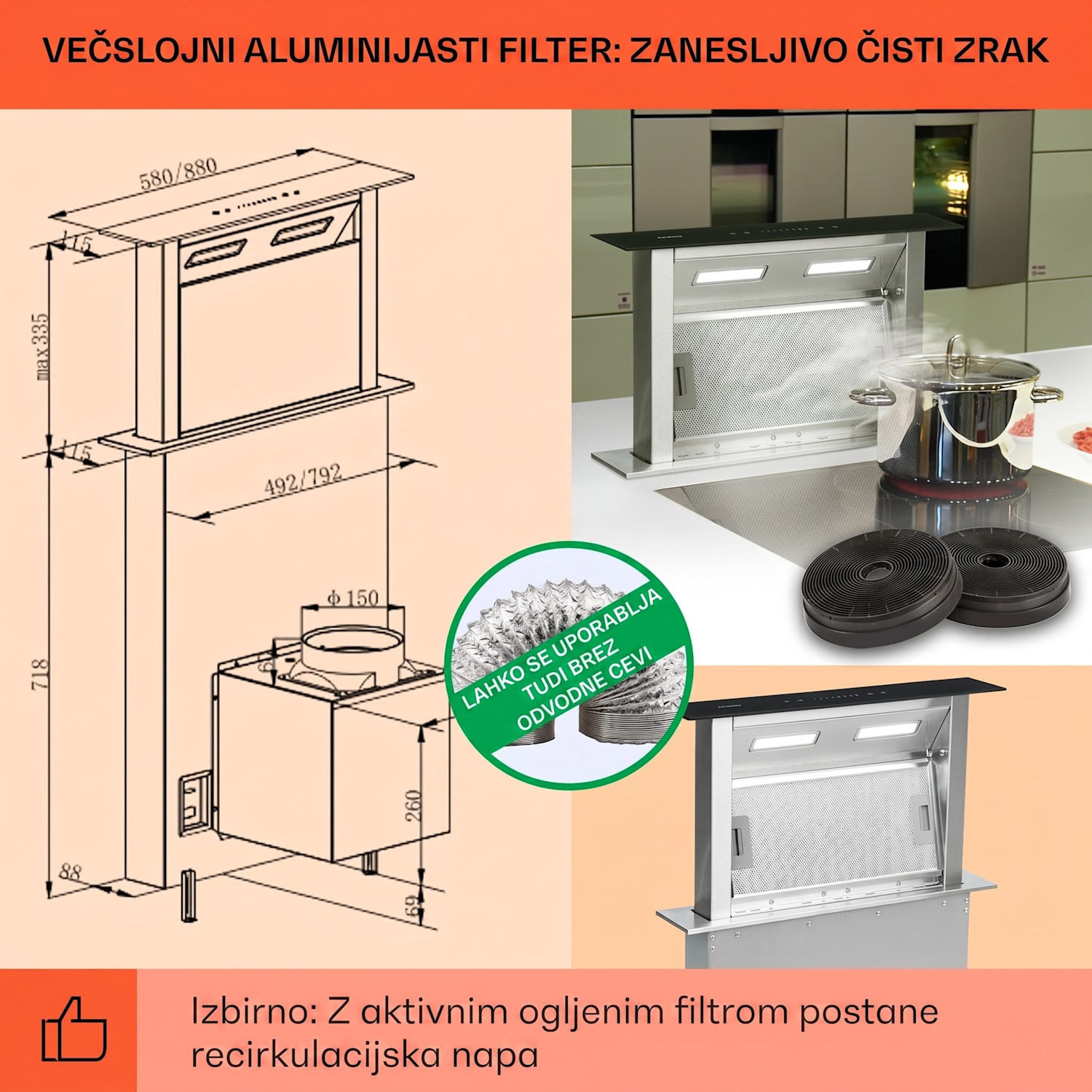 Royal Flush Downdraft, Kuhinjska napa, 485 m³/h 60 cm 60