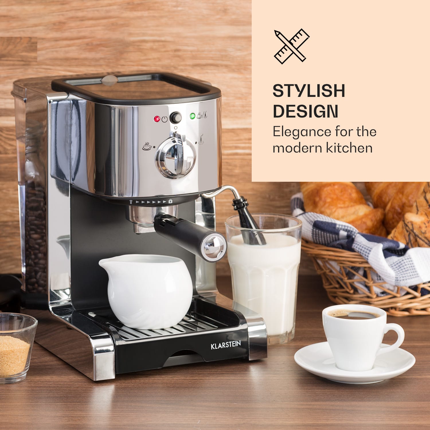 Passionata 15, espresso kávovar, 15 barů, 6 šálků, 1,25 litru, mléčná pěna 15 bar | Stříbrný chrom