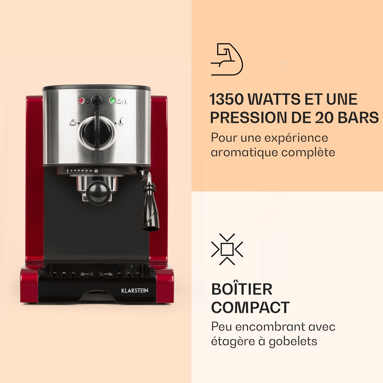Passionata 20 Machine à expresso 20 bars 6 tasses 1,25 litre mousseur à lait 20 bar | Rouge