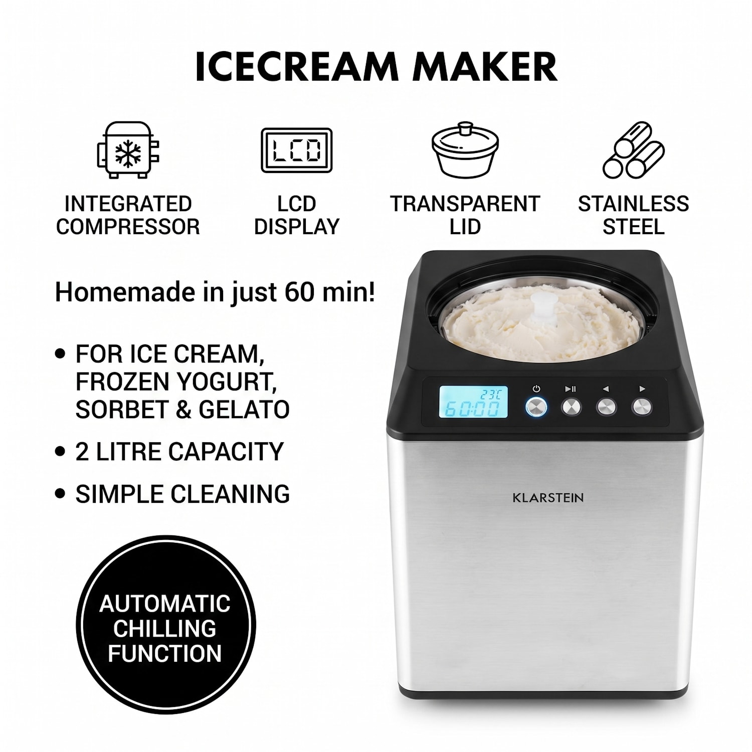 Vanilly Sky Family Icecream Maker Frozen Yoghurt 250W 2.5l Silver 2.5 L | Silver
