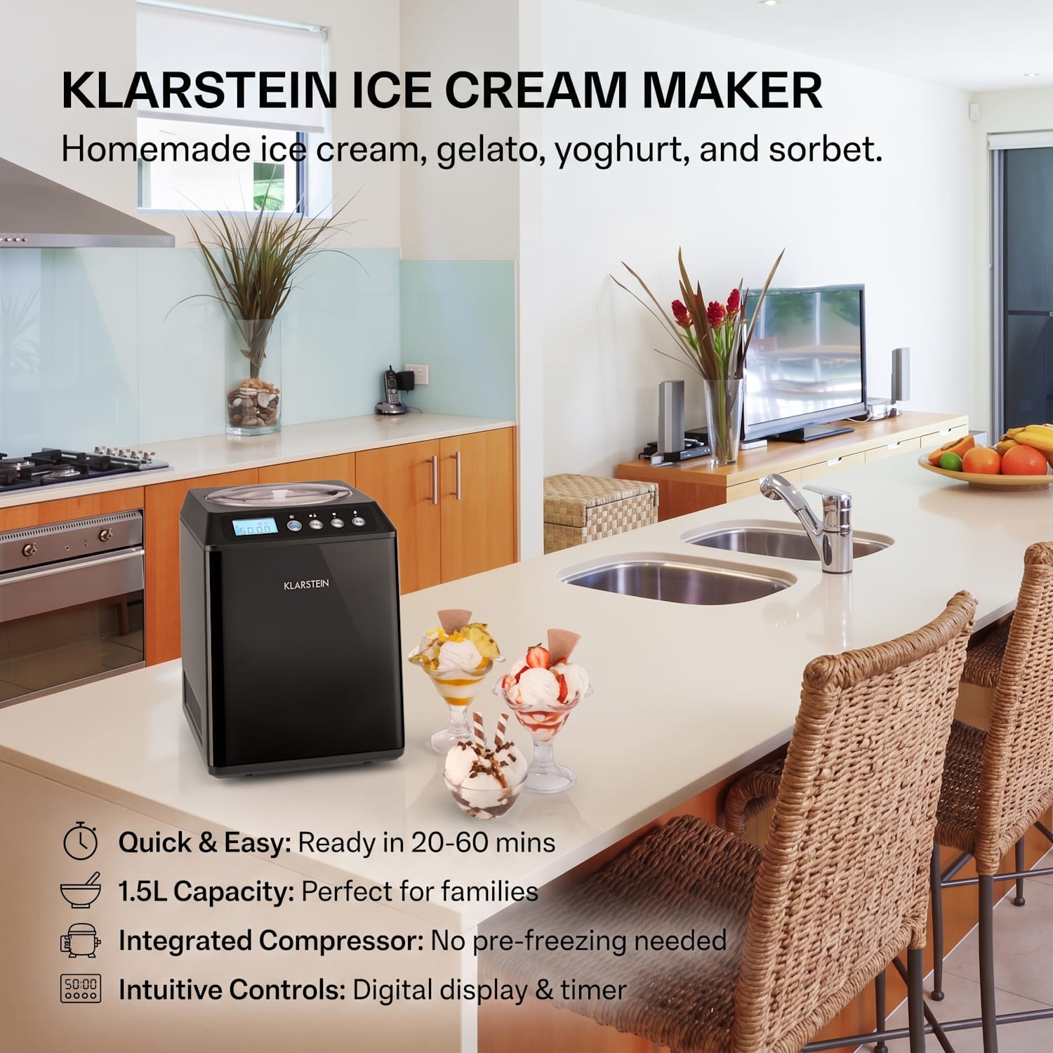 Vanilly Sky Family Ice Cream Maker Frozen Yoghurt 250W 2.5l , Black 2.5 L | Black