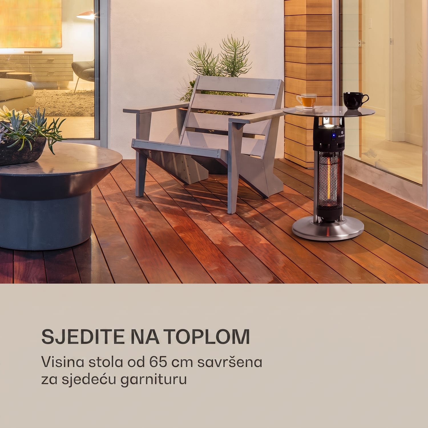 Primal Heat 65, bistro stol, karbonski IR grijač, 1200W LED, 65 cm, staklo 65 cm