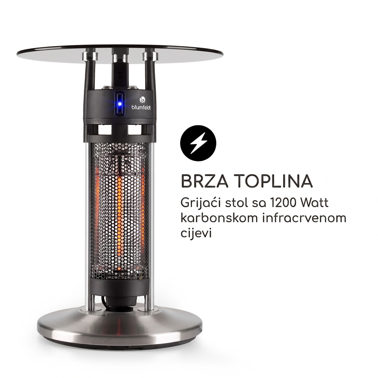 Primal Heat 65, bistro stol, karbonski IR grijač, 1200W LED, 65 cm, staklo 65 cm