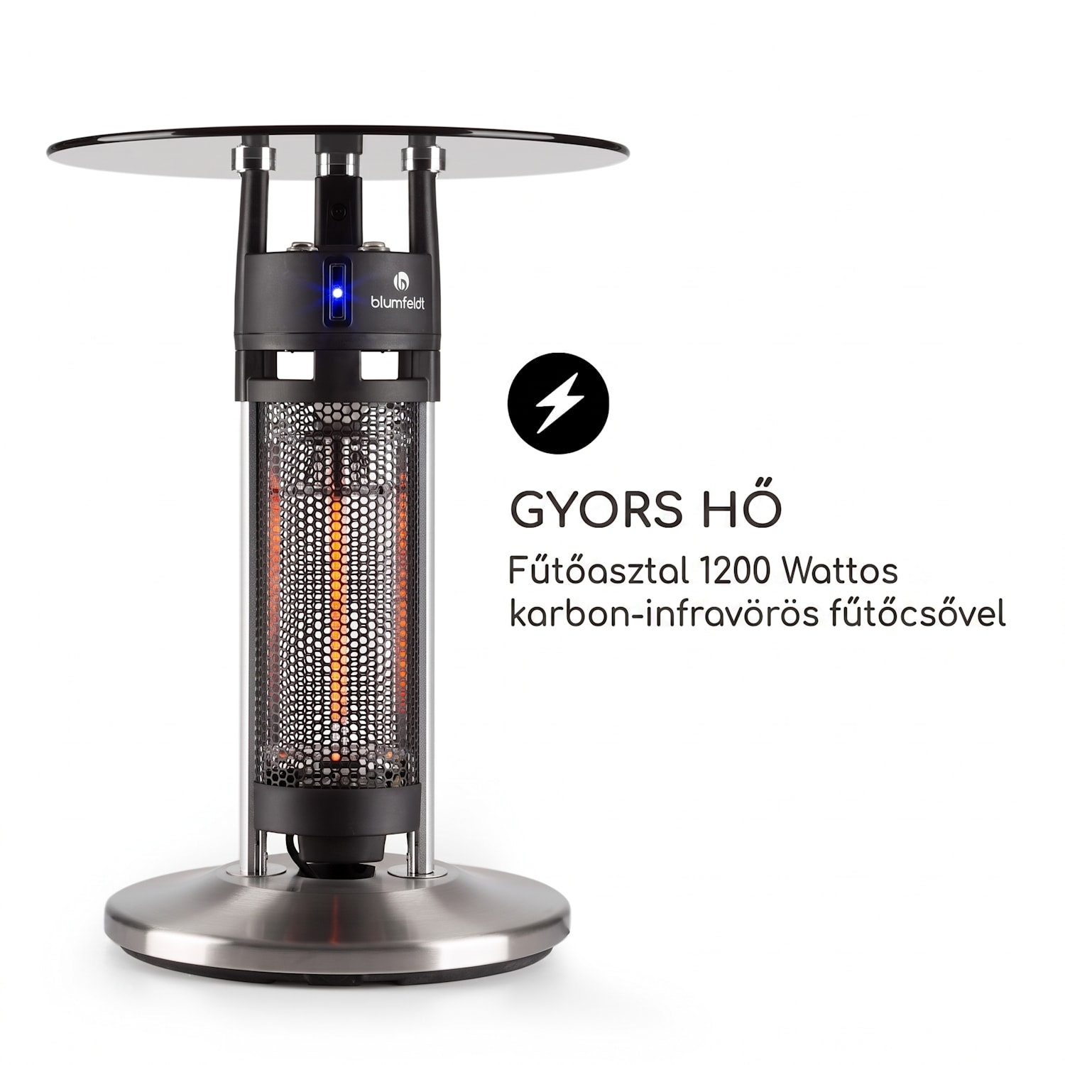 Primal Heat 65, hősugárzó, bisztró asztal, 1200 W, szén IR fűtőtest, LED, 65 cm, üveg 65 cm