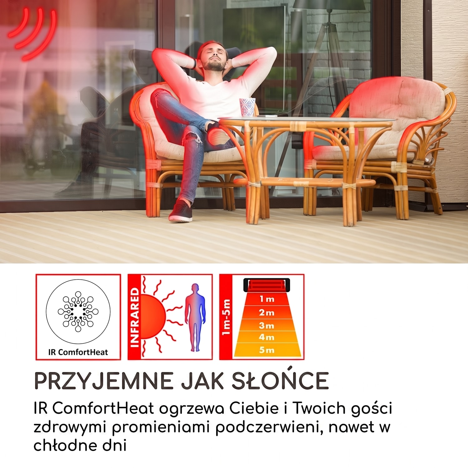 Primal Heat 65, promiennik podczerwieni, stolik bistro, 1200 W, LED, 65 cm, element grzewczy z włókna węglowego, szkło 65 cm