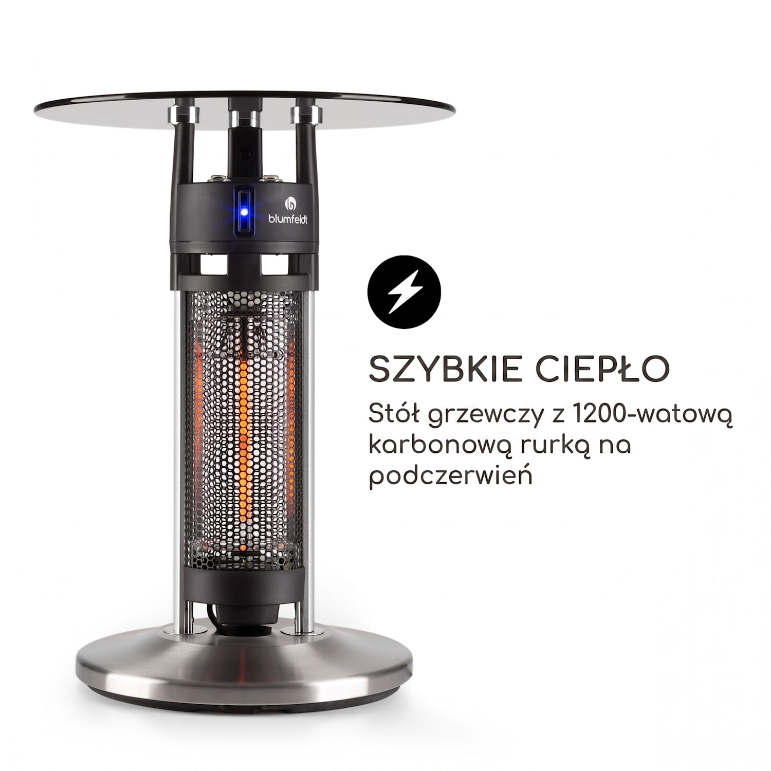 Primal Heat 65, promiennik podczerwieni, stolik bistro, 1200 W, LED, 65 cm, element grzewczy z włókna węglowego, szkło 65 cm