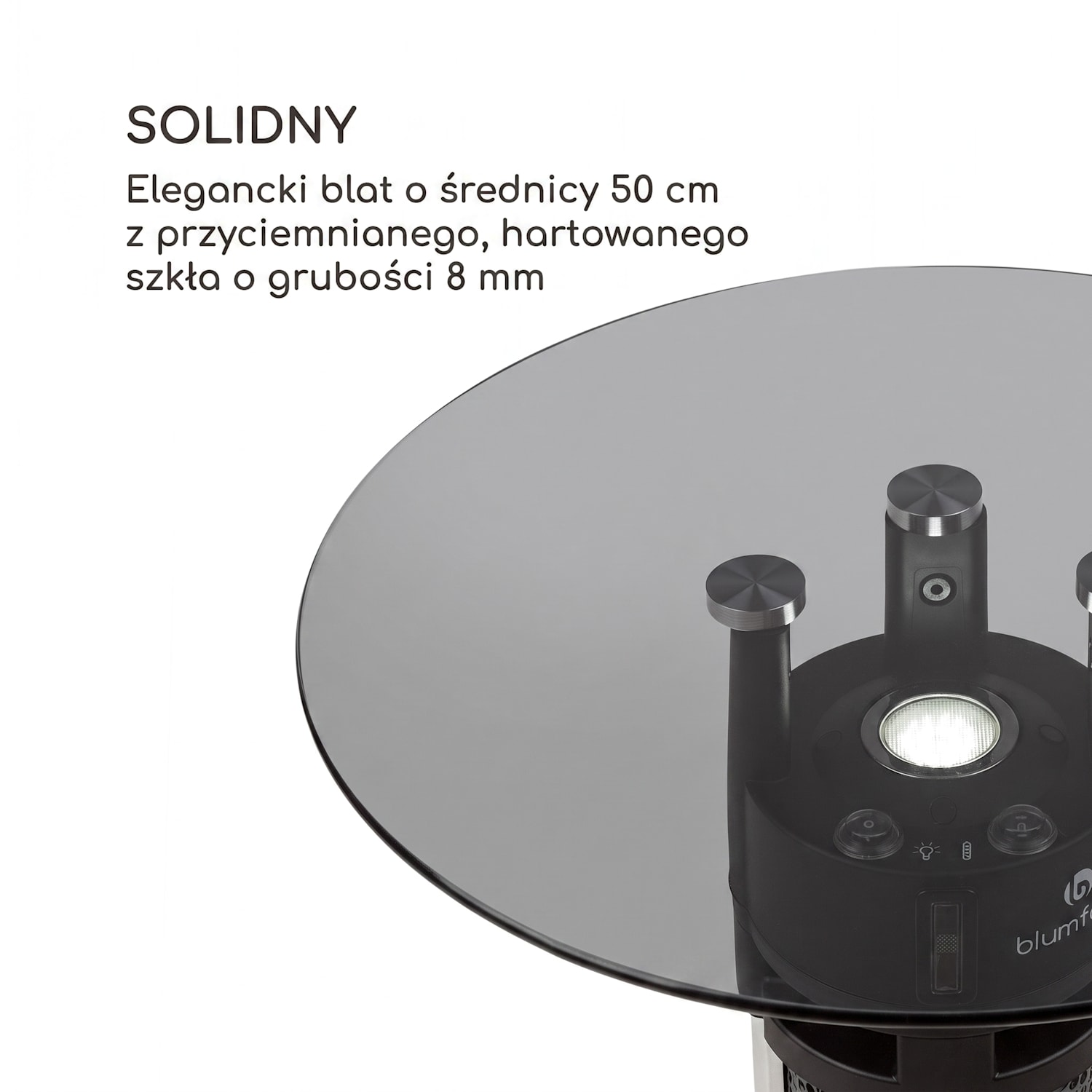 Primal Heat 65, promiennik podczerwieni, stolik bistro, 1200 W, LED, 65 cm, element grzewczy z włókna węglowego, szkło 65 cm