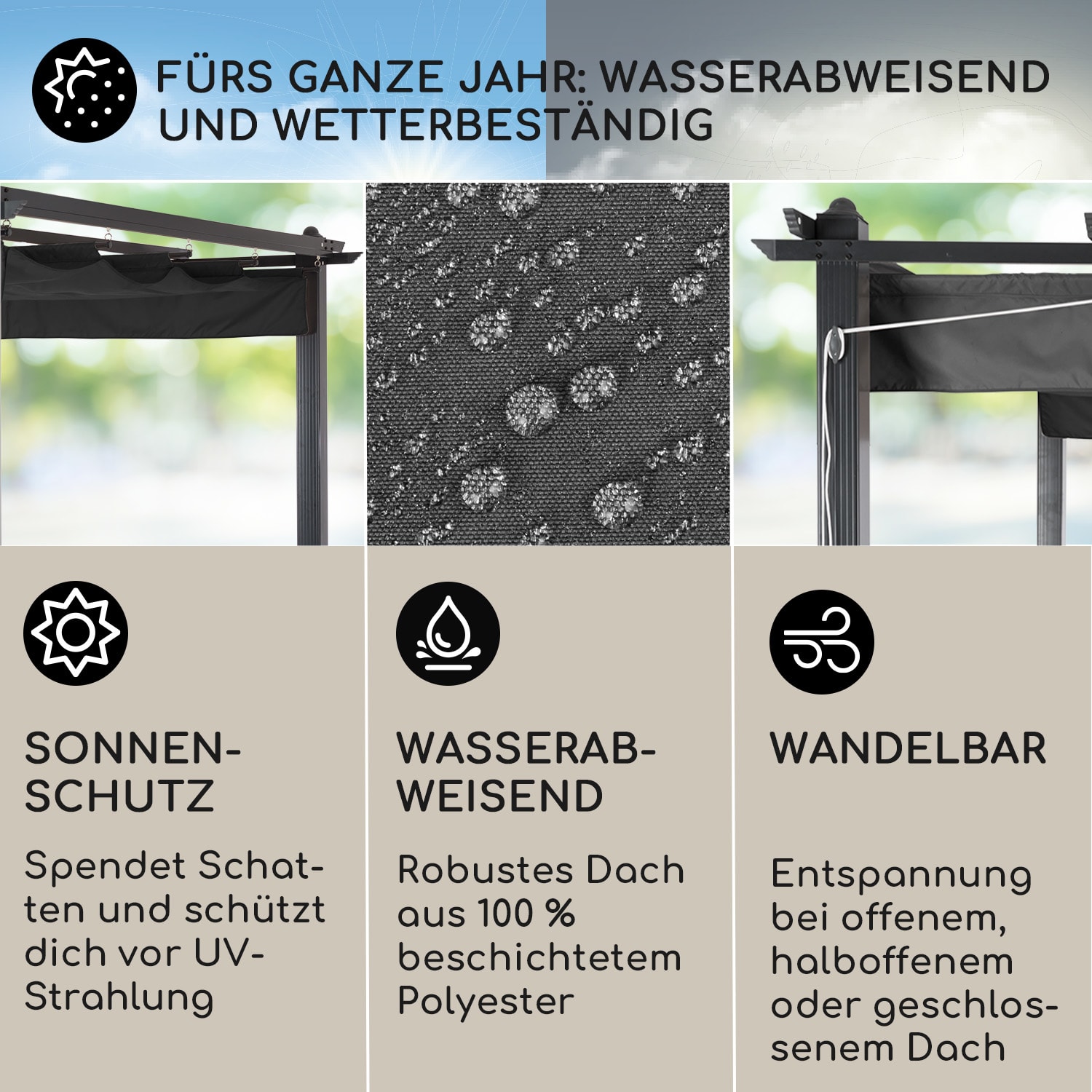 Pantheon 3x3 Pergola Vordach 3x3m Aluminium Sonnendach Polyester grau