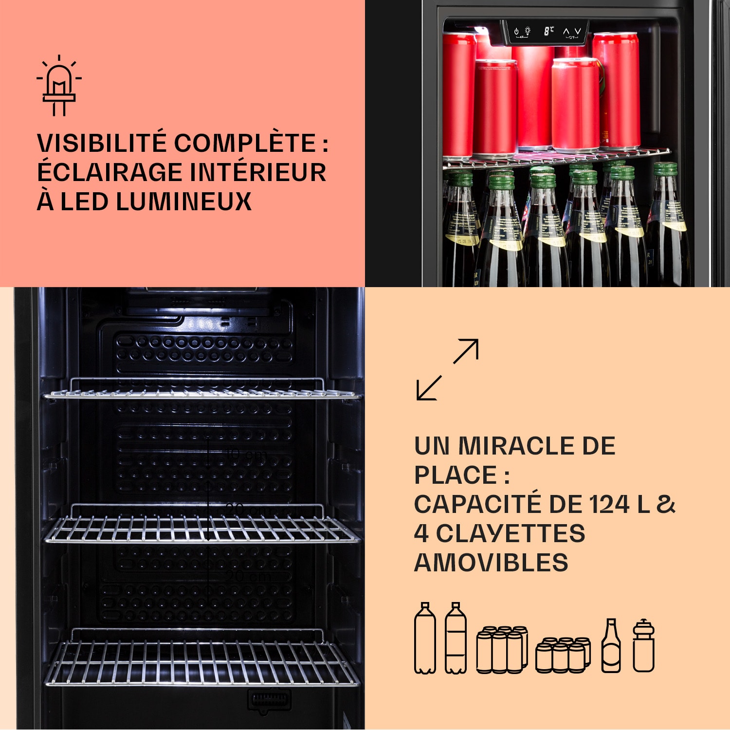 Beersafe 4XL koelkast 124 liter 4 plateaus glazen panoramadeur roestvrij staal 124 L | Zwart | Zilver