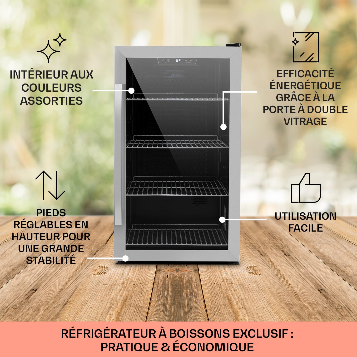 Beersafe 4XL koelkast 124 liter 4 plateaus glazen panoramadeur roestvrij staal 124 L | Zwart | Zilver