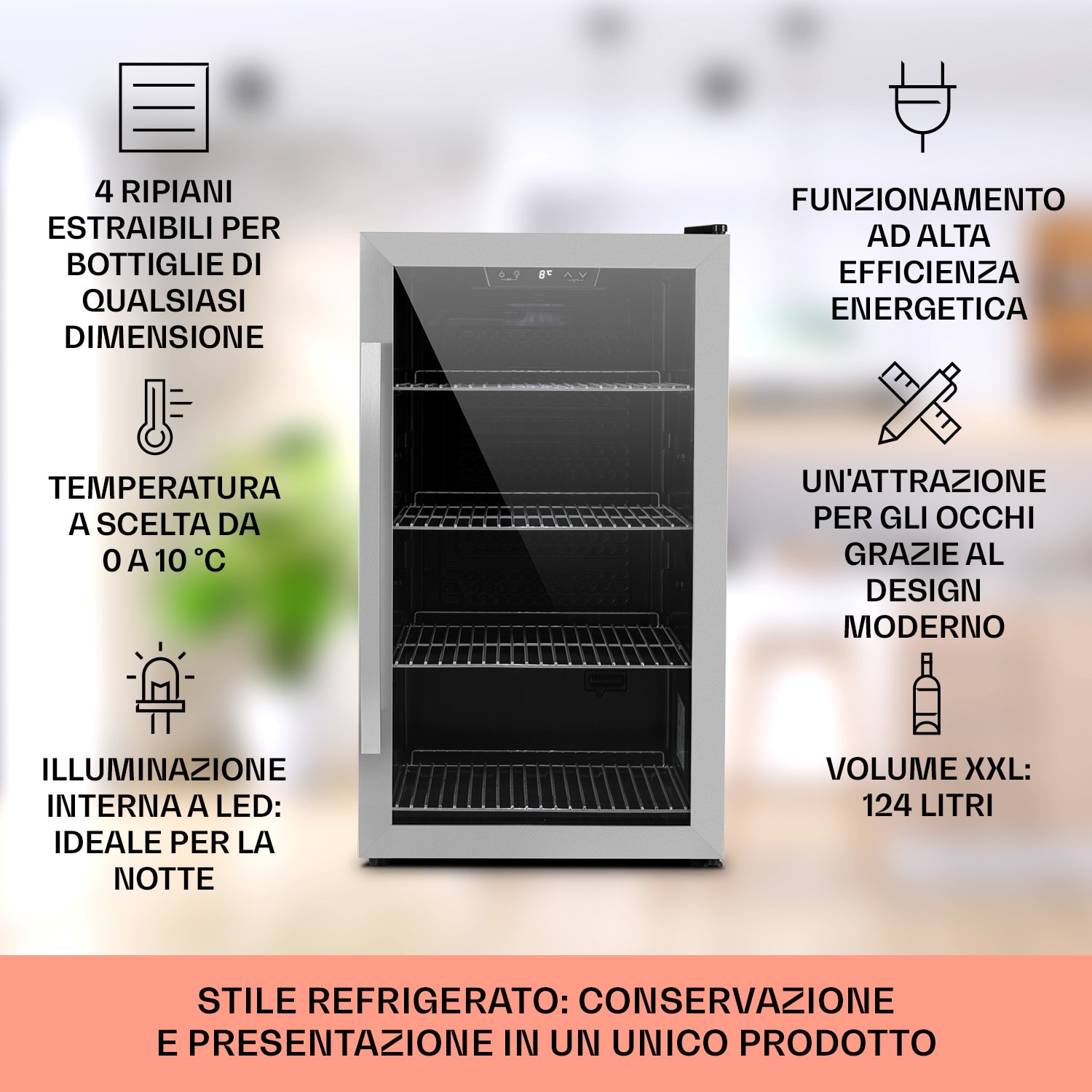 Beersafe 4XL - Frigorifero, 124 litri, 4 ripiani, sportello panoramico in vetro, acciaio inox 124 L | Nero | Argento