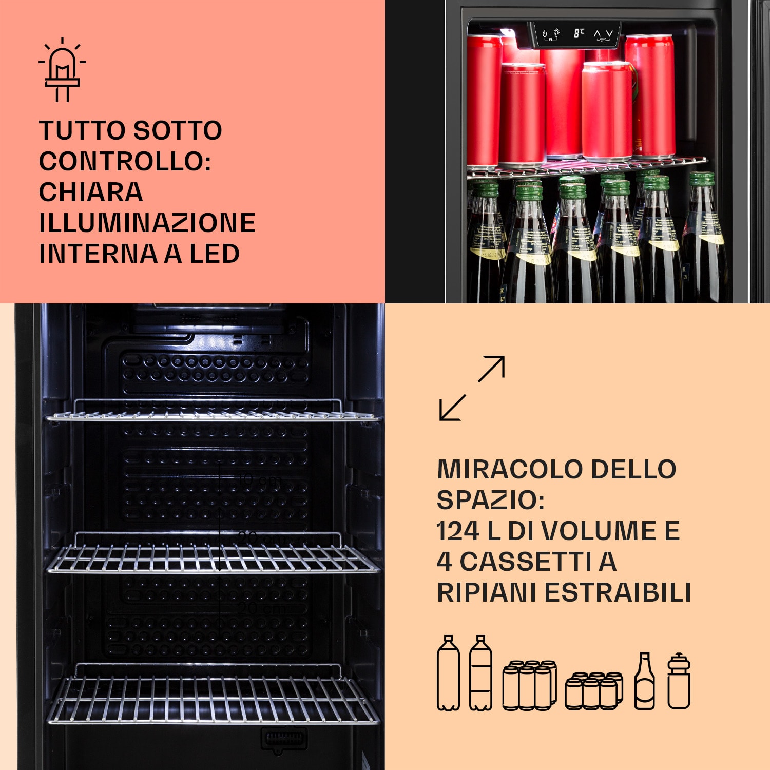 Beersafe 4XL - Frigorifero, 124 litri, 4 ripiani, sportello panoramico in vetro, acciaio inox 124 L | Nero | Argento